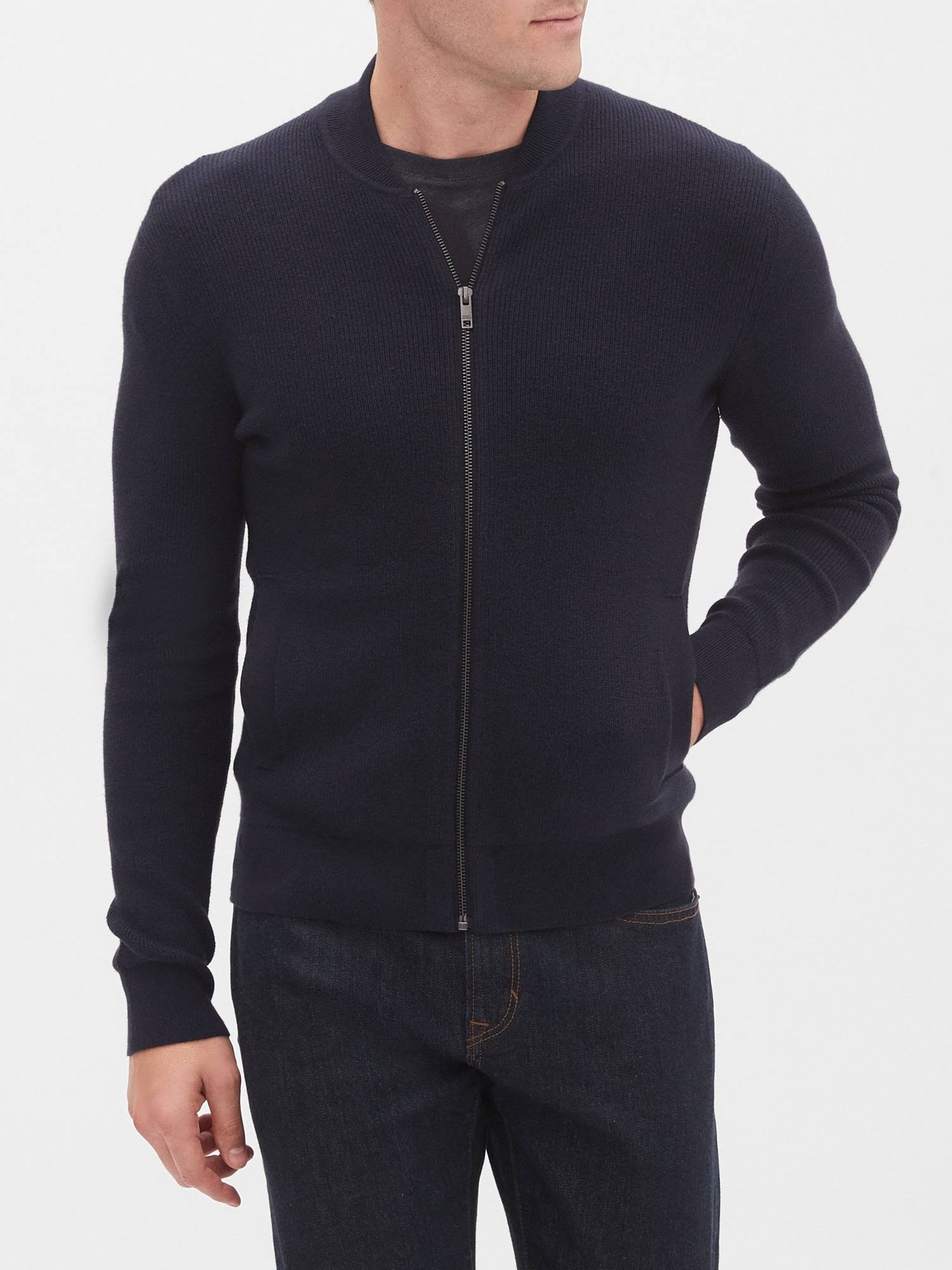 Banana Republic Factory Men's Ribbed Bomber Sweater Jacket Preppy Navy Regular Size S