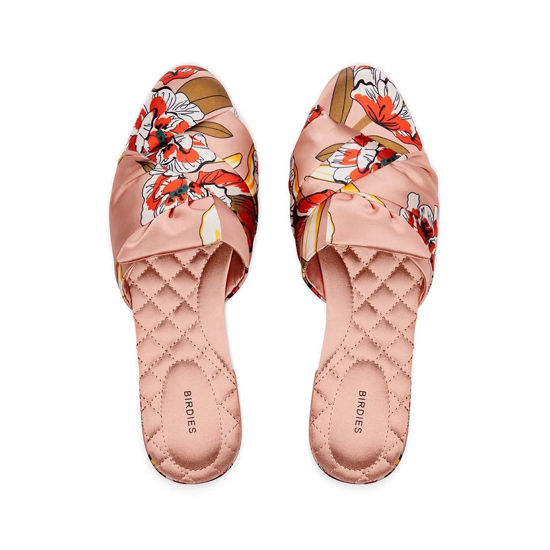 Birdies The Songbird - Peach Floral Slides, Size 5, Satin
