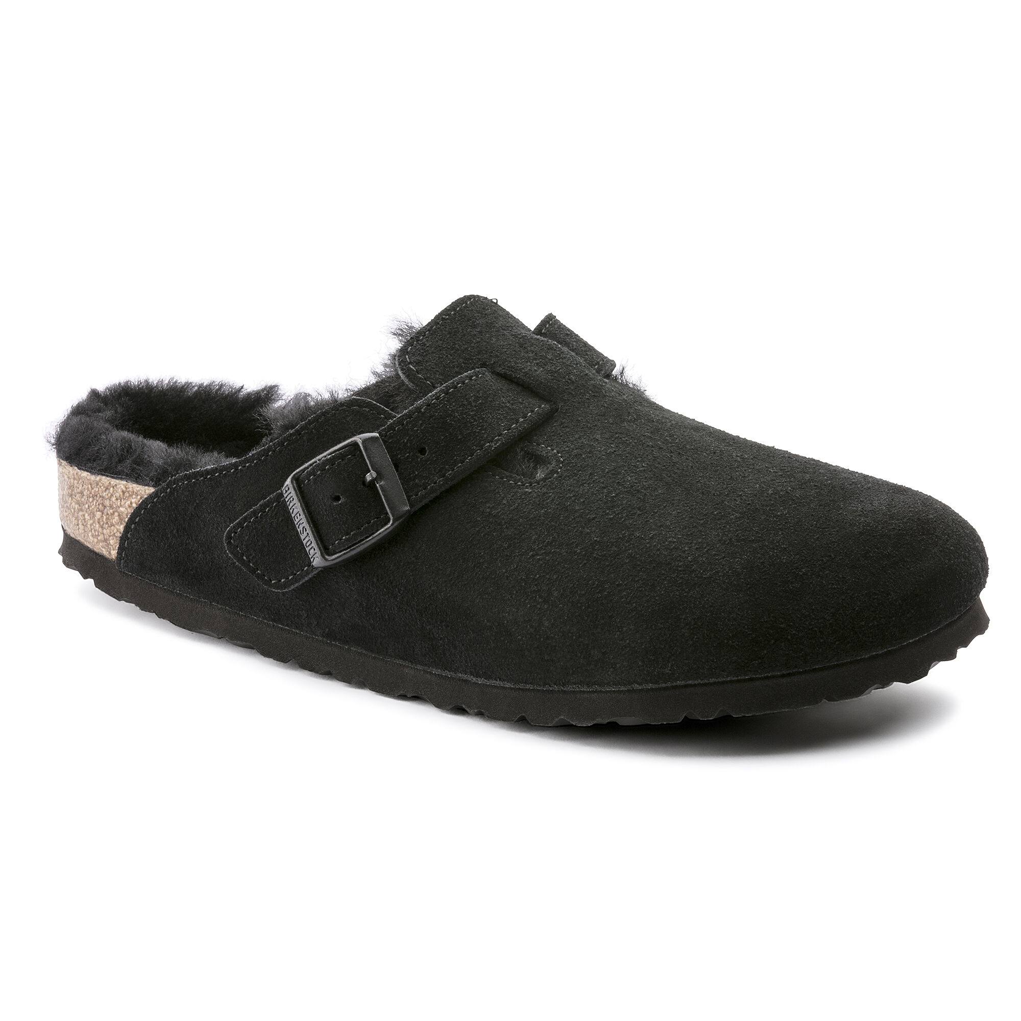 Birkenstock Boston Suede Leather Black Shearling Clogs