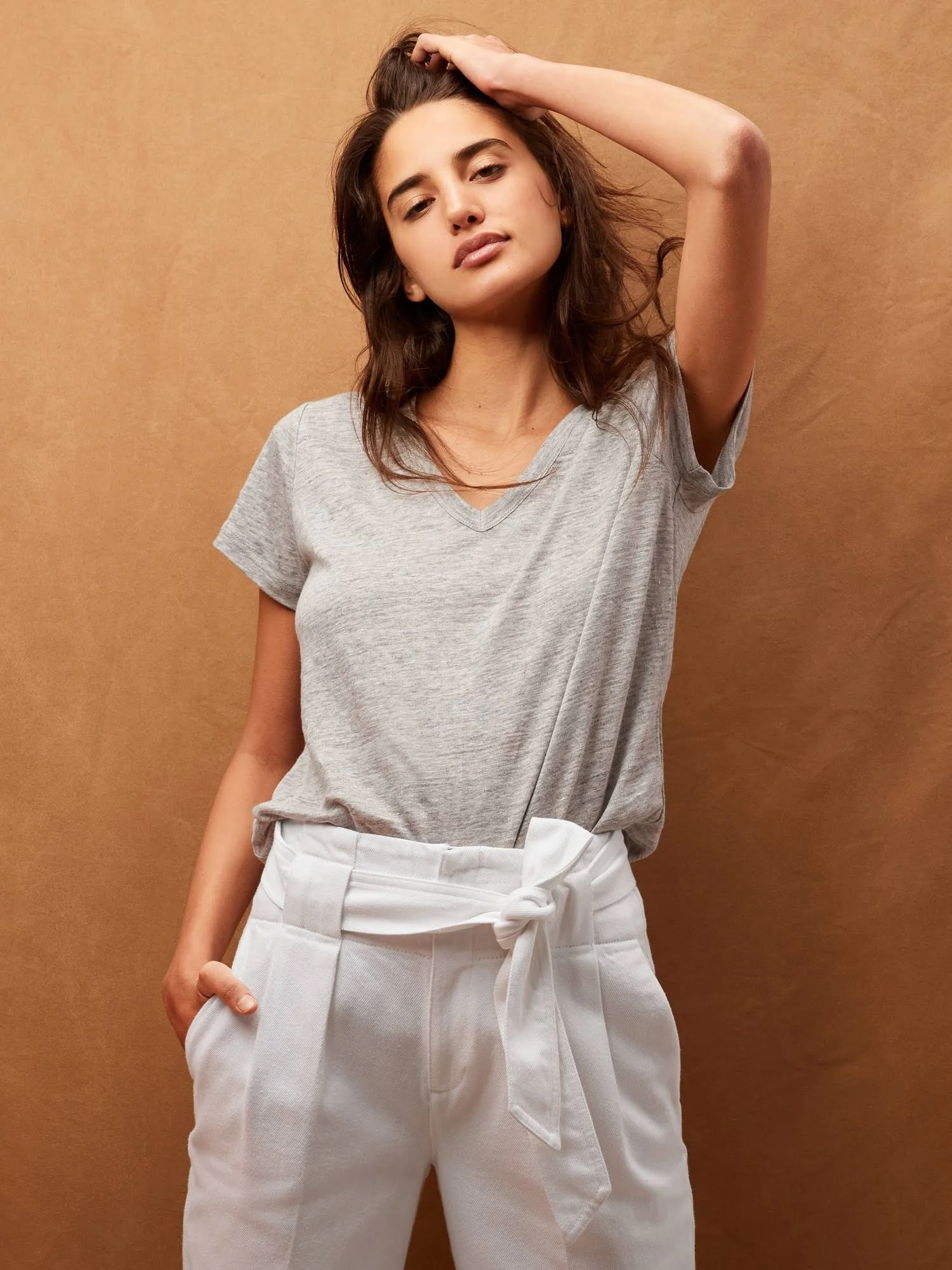 Banana Republic Women's Linen V-Neck T-Shirt Light Gray Heather Size XXL