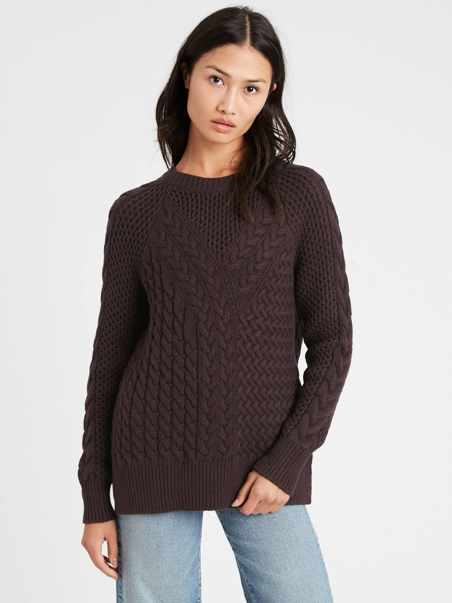 Banana Republic Women's Cable-Knit Sweater Tunic Mahogany Brown Size Xs