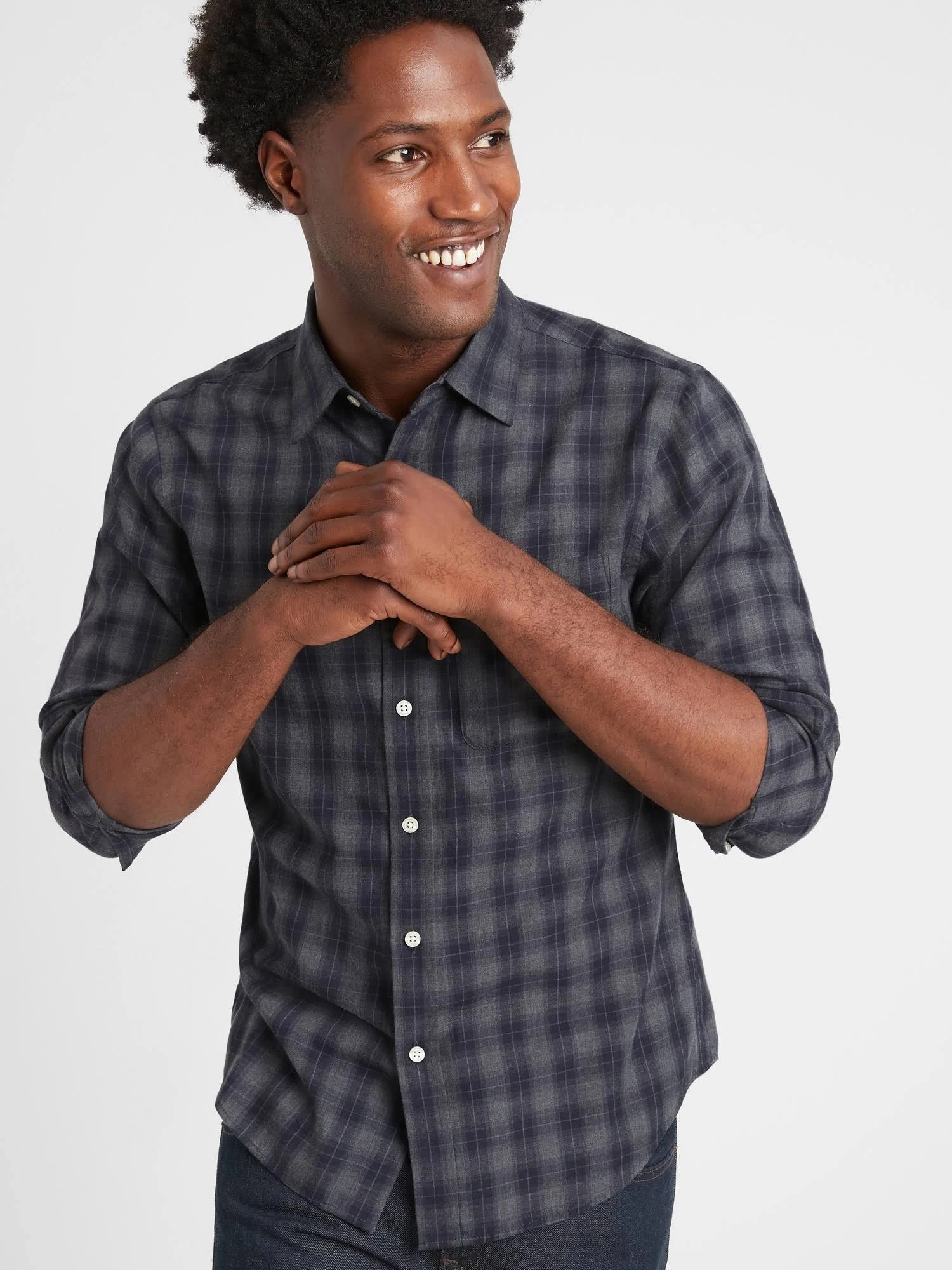 Men's Slim-Fit Untucked Flannel Shirt Blue Plaid