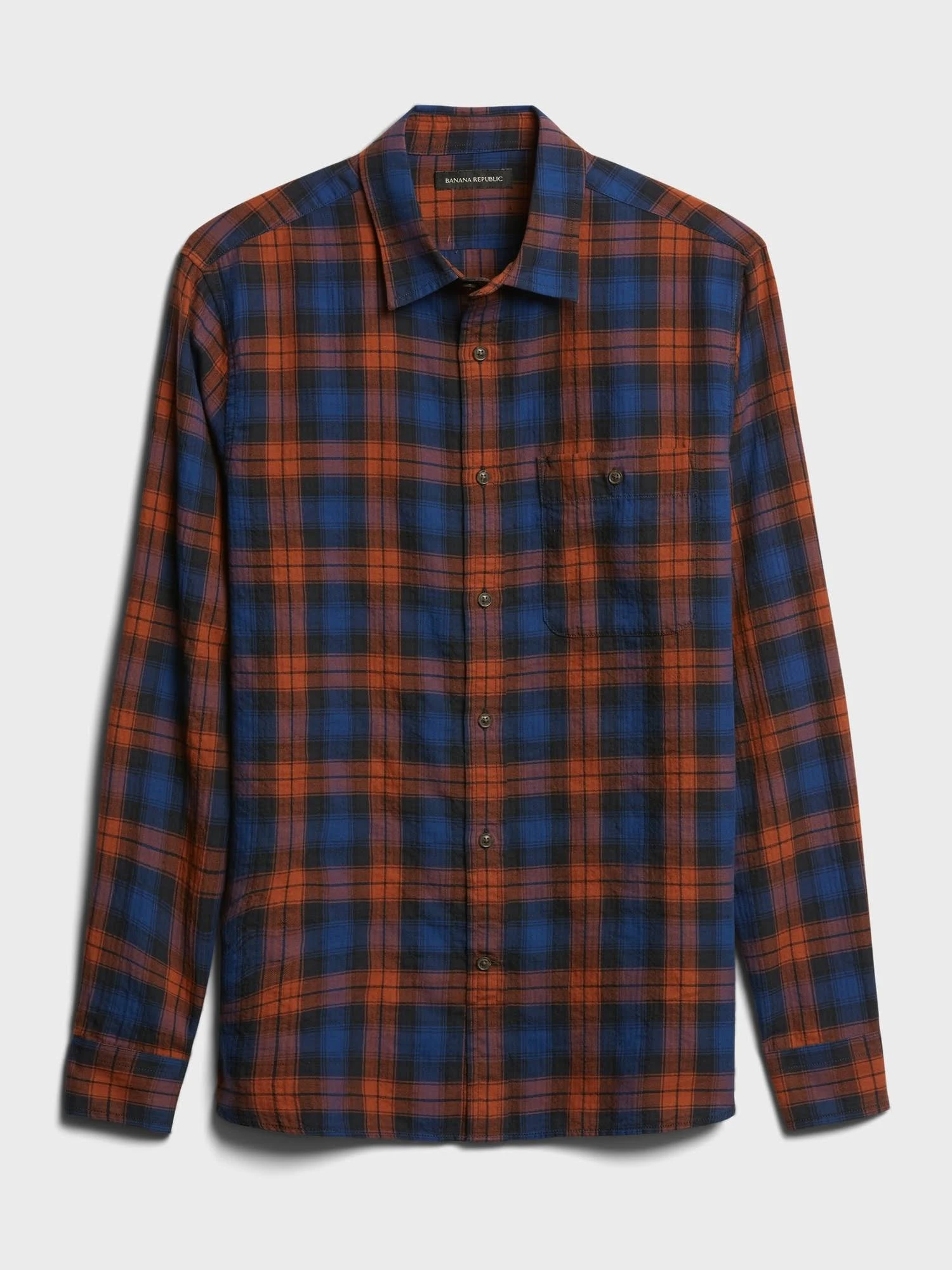 Banana Republic Men's Untucked Slim-Fit Crinkle Flannel Shirt Orange Plaid Tall Size L