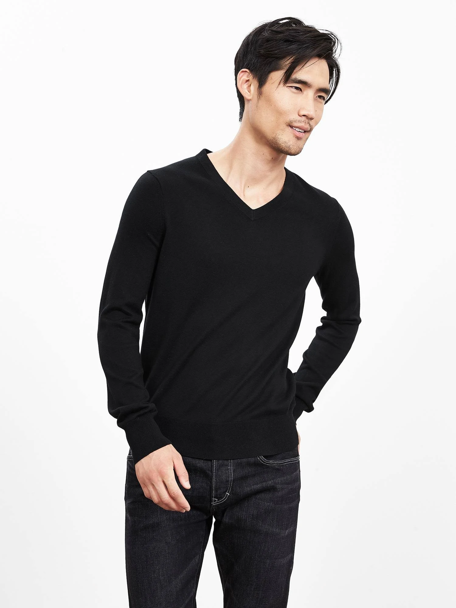 Banana Republic Men's Silk Cotton Cashmere V-Neck Sweater Black Size S