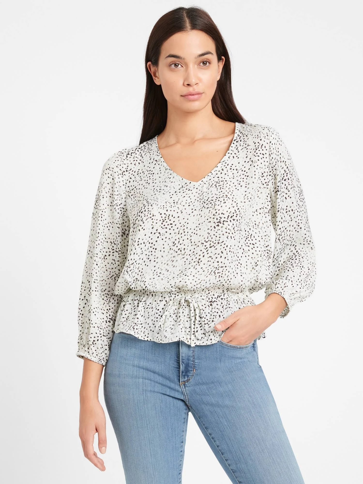 Banana Republic Women's Satin Peplum Top White Dot Tall Size L