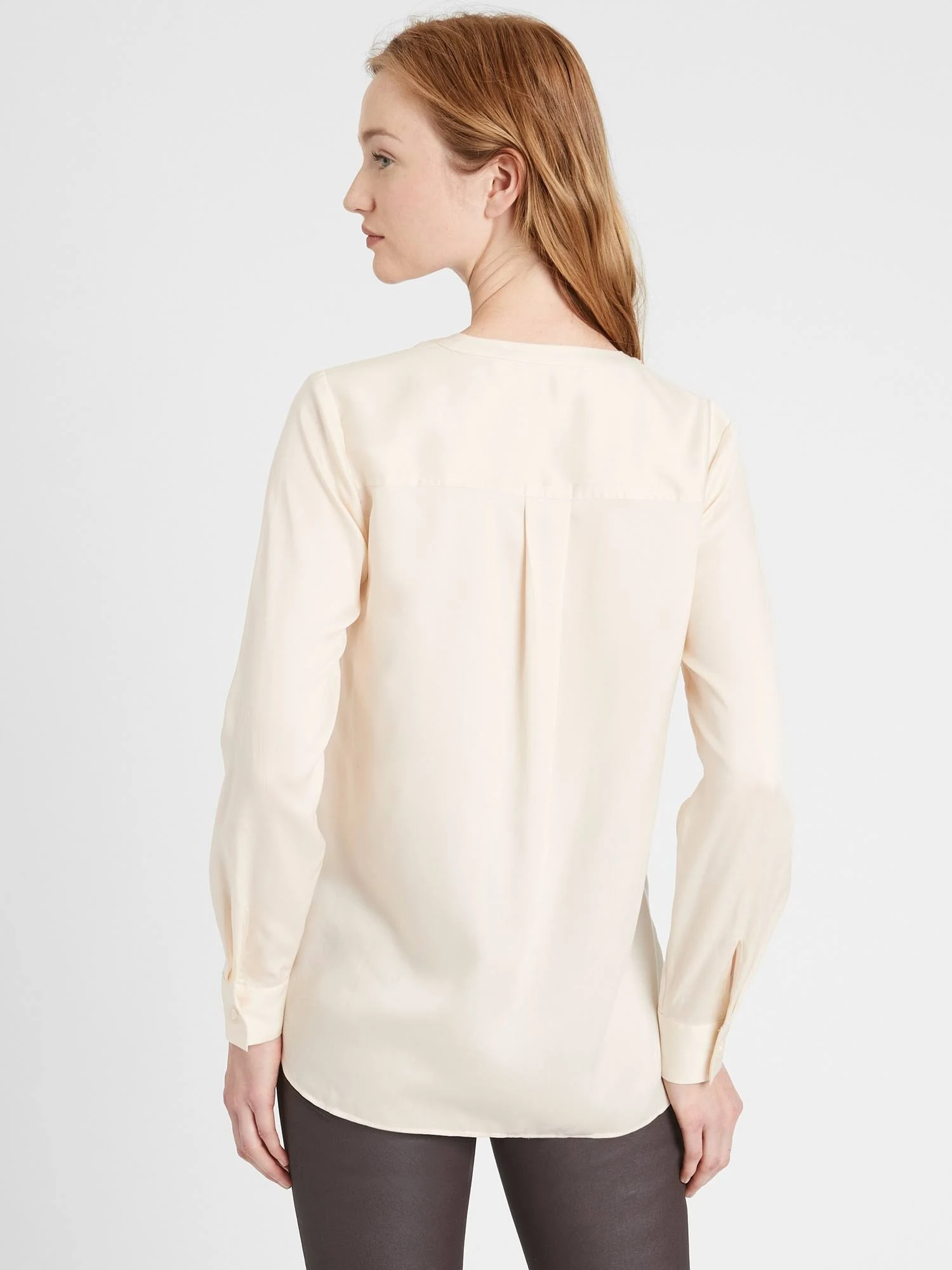 Banana Republic Women's Banded Collar Shirt Light Almond Beige Tall Size XL