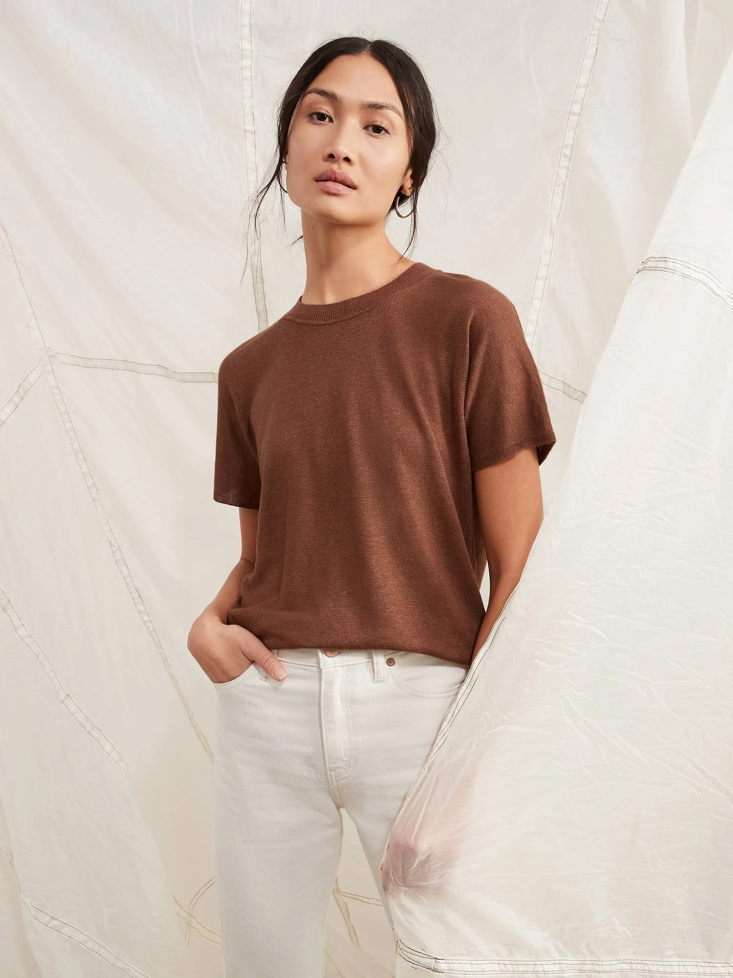 Banana Republic Women's Linen-Blend Short-Sleeve Sweater Brownie Batter Size Xxs