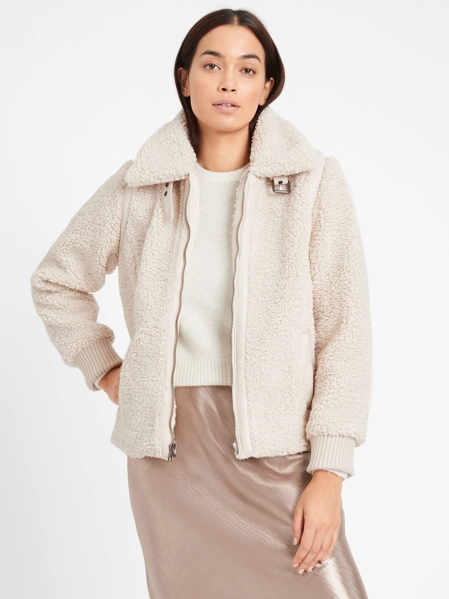 Banana Republic Women's Sherpa Bomber Jacket Cream White Size XL