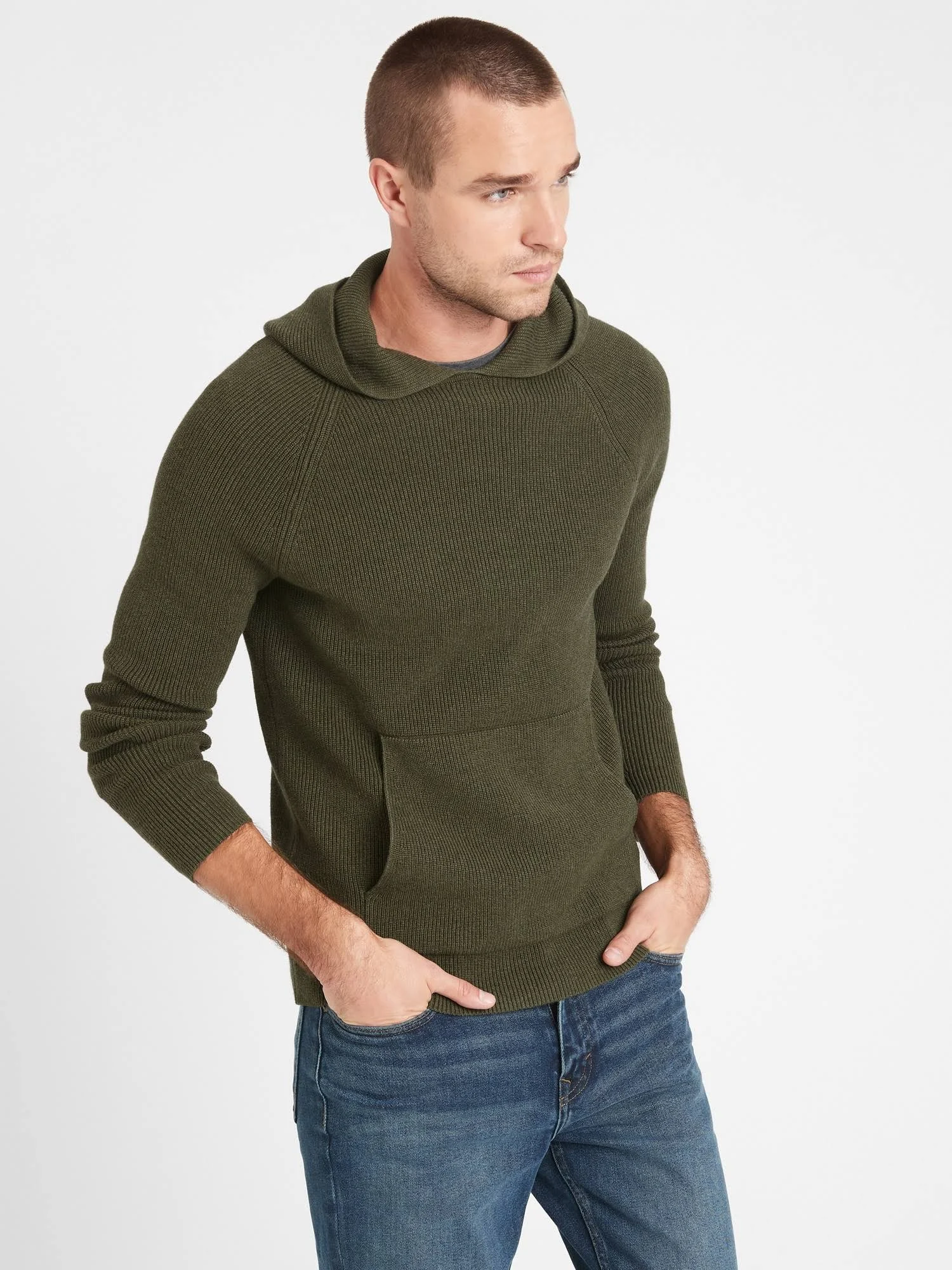 Banana Republic Men's Supima Cotton Sweater Hoodie Cedar Olive Green Size S
