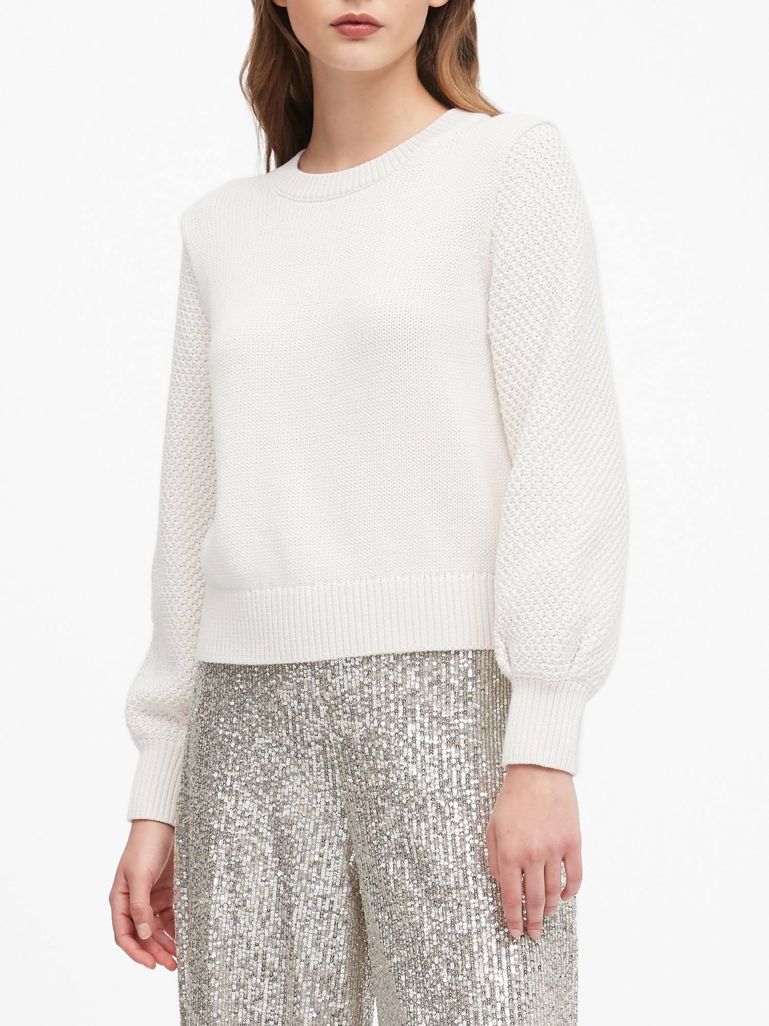 Banana Republic Women's Cotton-Blend Balloon-Sleeve Sweater Ivory White Size XXL