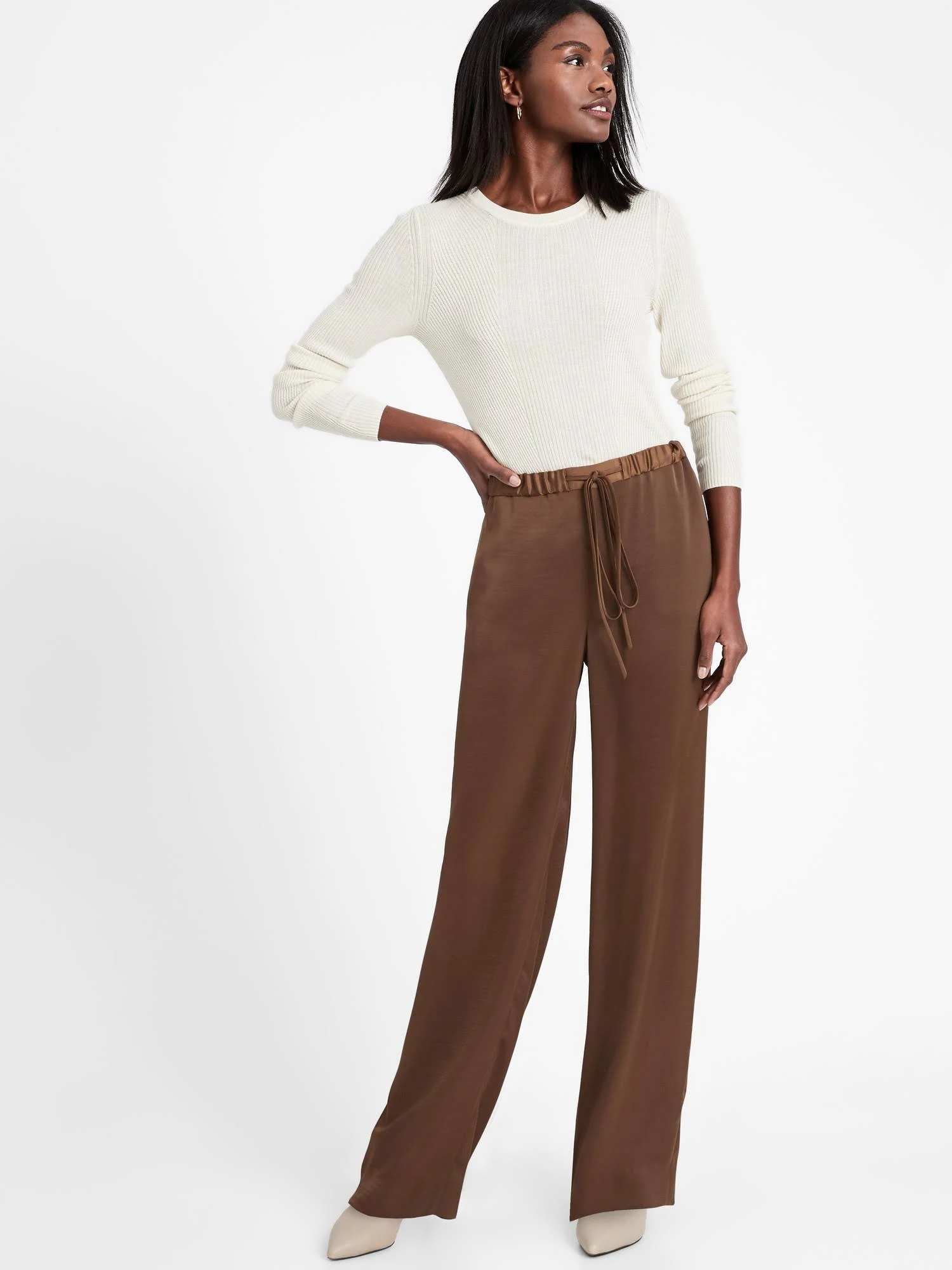 Banana Republic Women's Wide-Leg Satin Pull-On Pant Earth Brown Size L