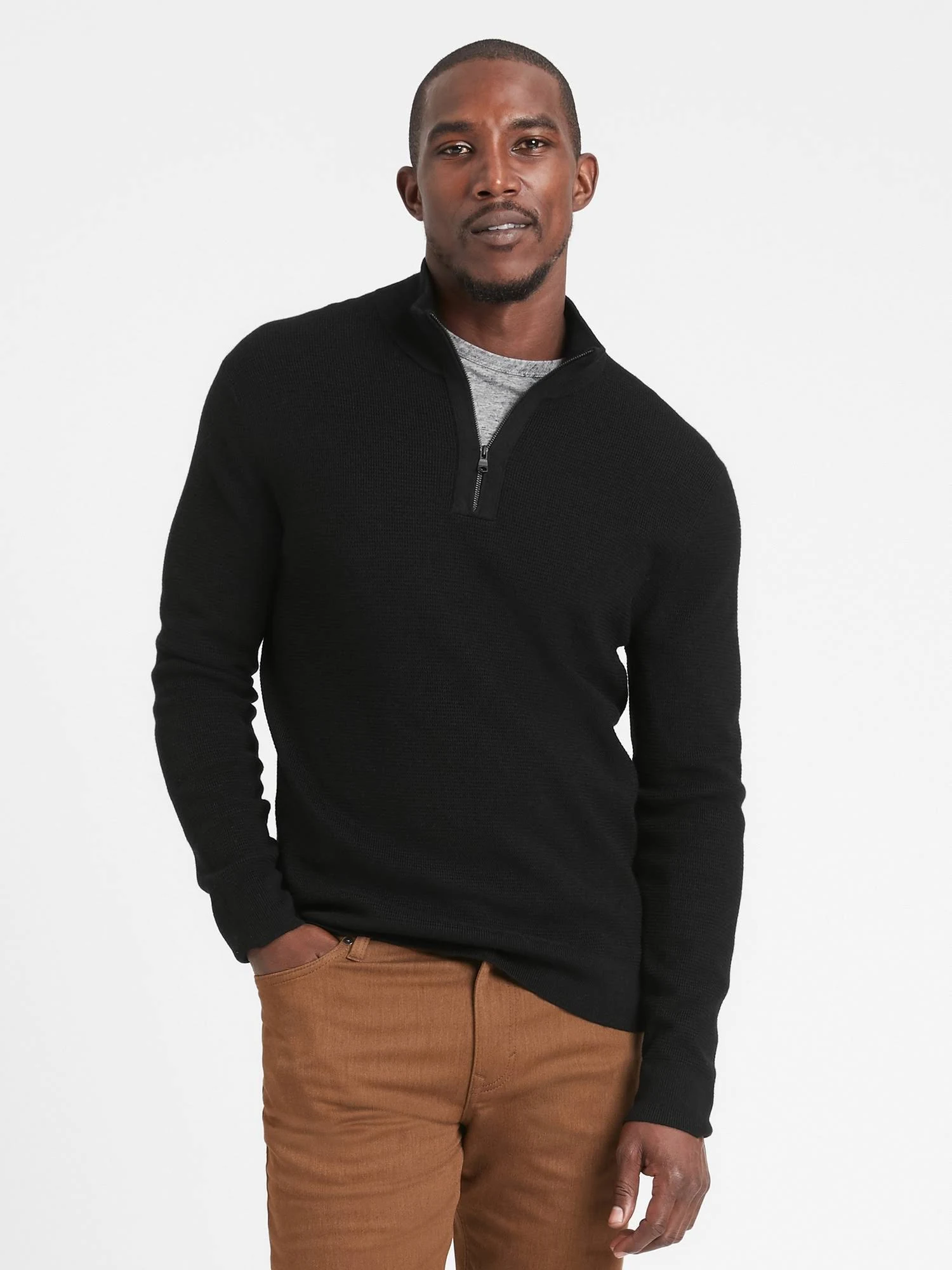 Banana Republic Men's Merino Waffle-Knit Half-Zip Sweater Black Size L