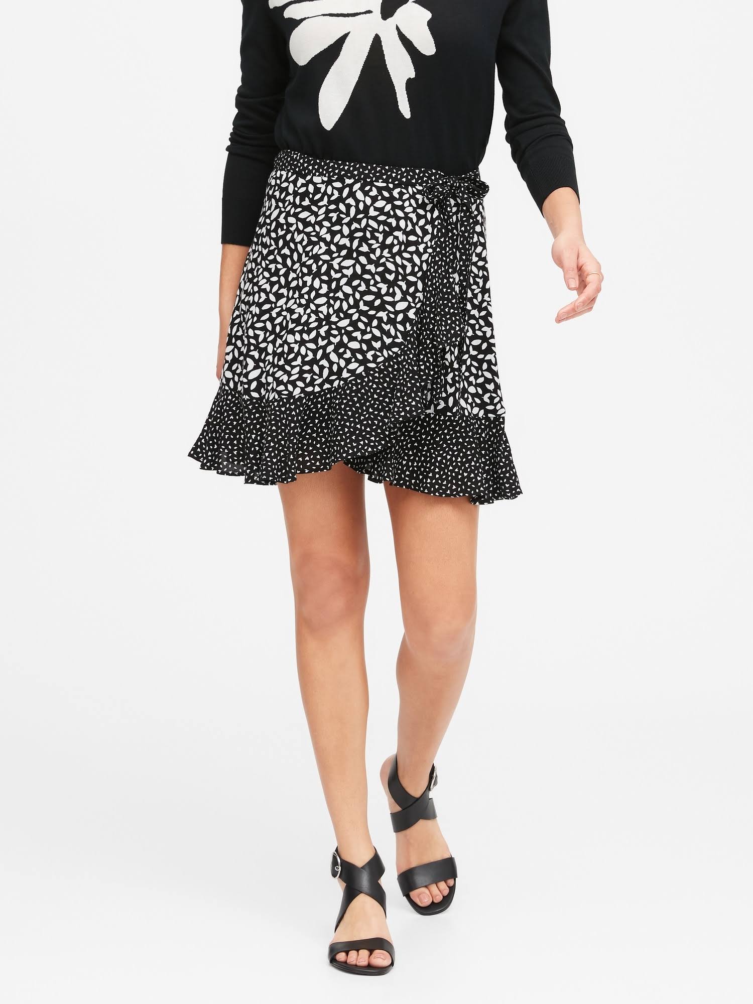 Banana Republic Women's Ruffle Wrap Mini Skirt Black Floral Size 12