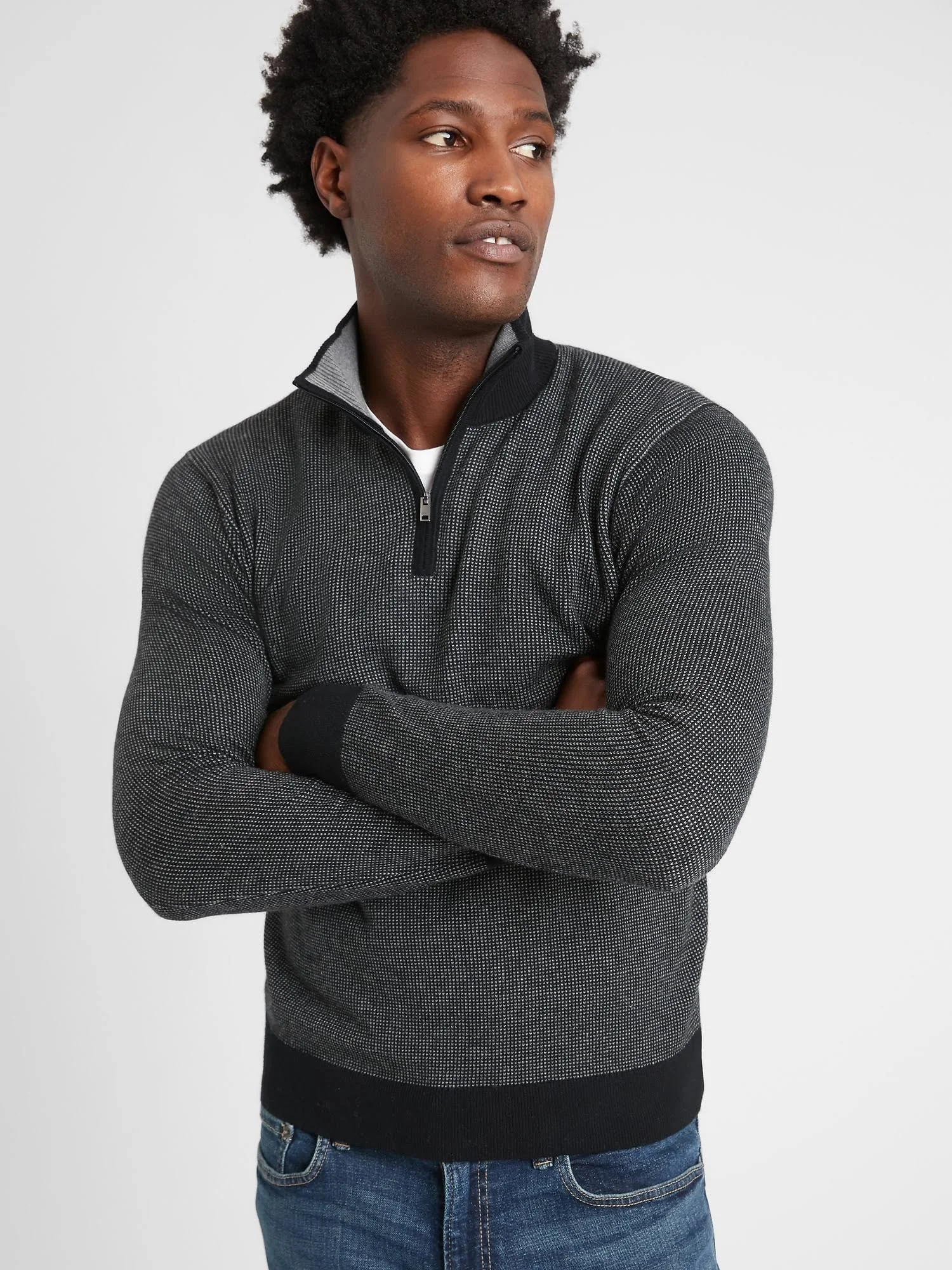 Men's Premium Luxe 1/4 Zip-Neck Sweater Black Birdseye