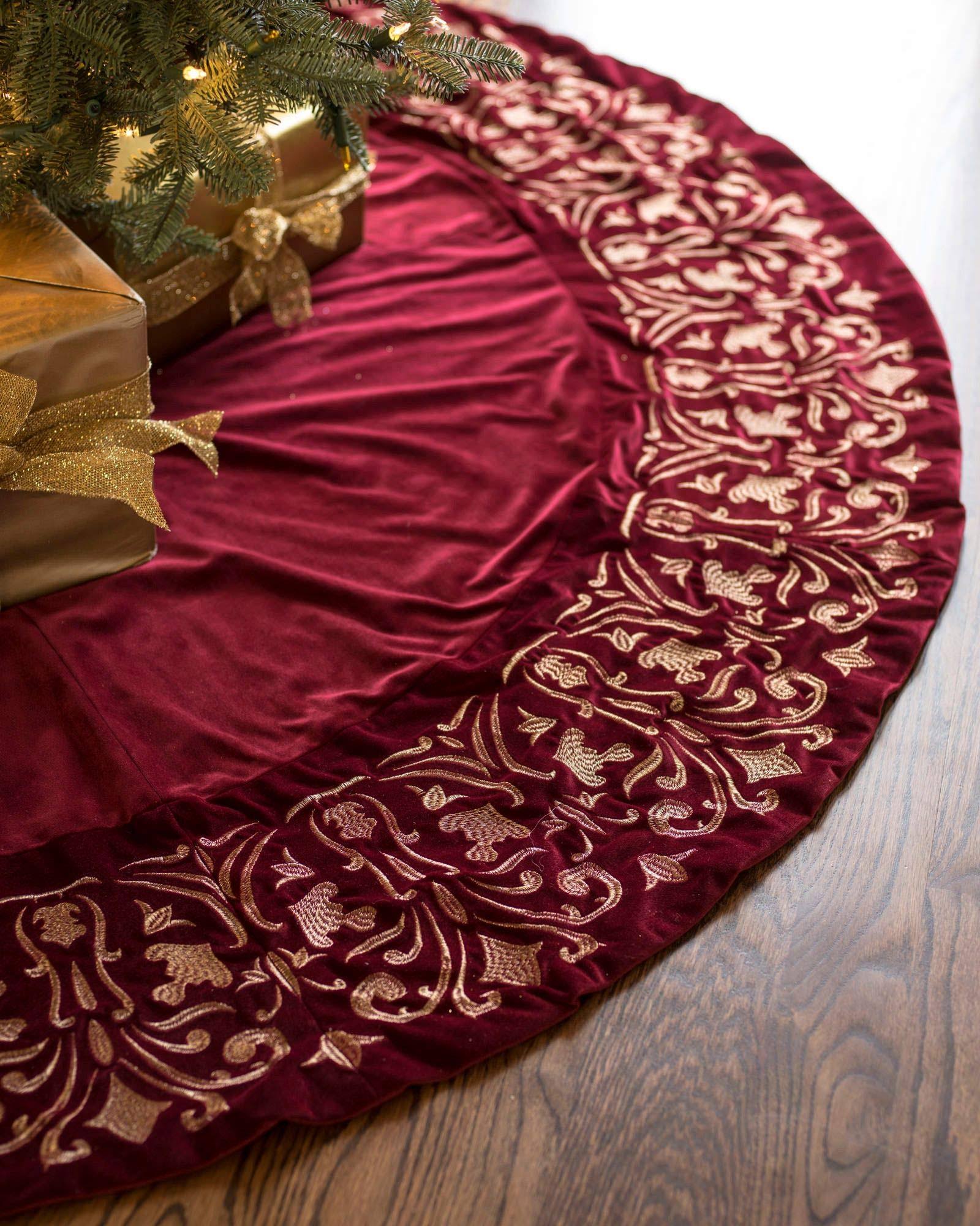 Balsam Hill Luxe Embroidered Velvet Tree Skirt, 72 Inches, Wine