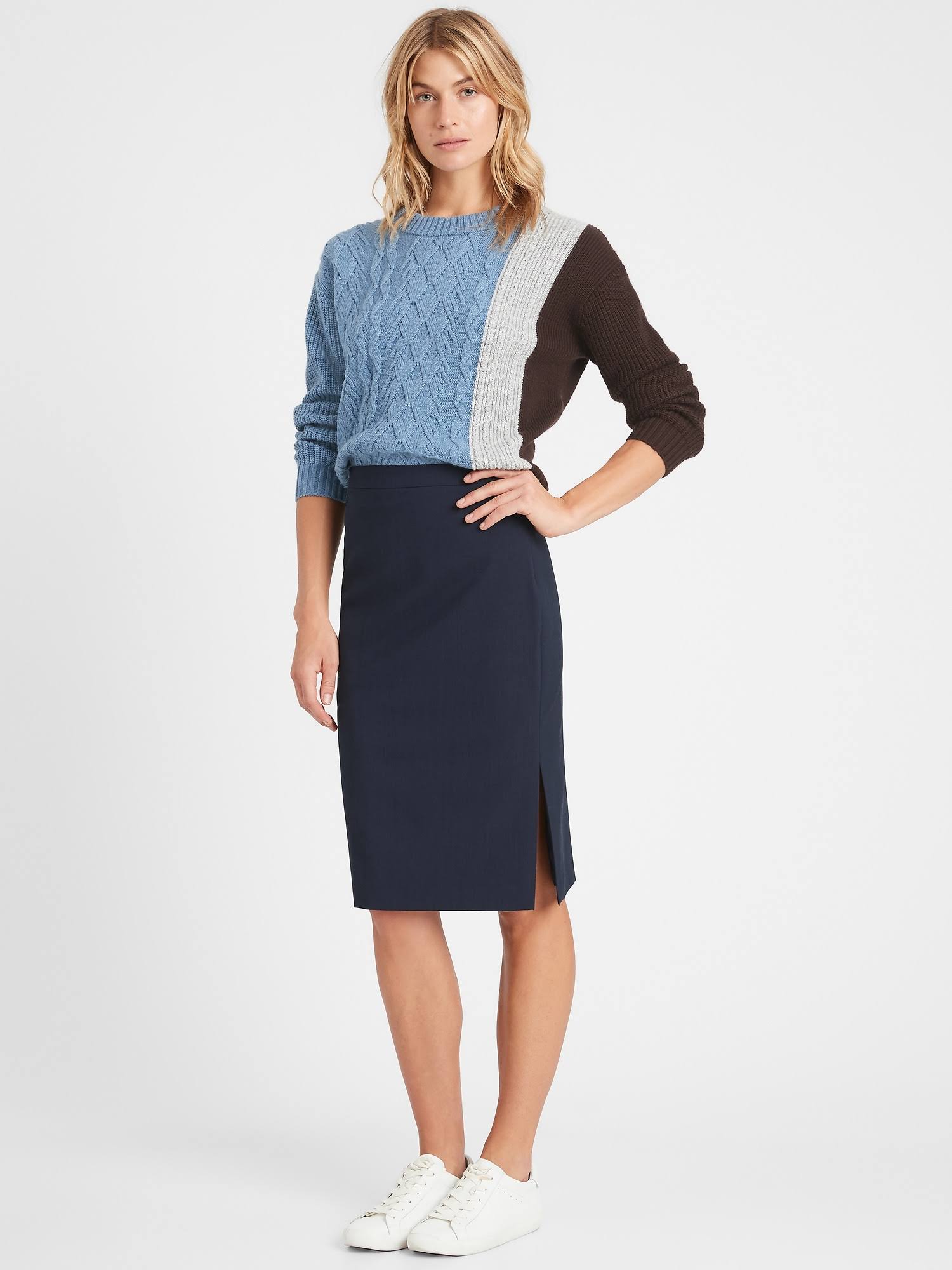 Banana Republic Women's Washable Italian Wool-Blend Pencil Skirt with Side Slit Navy Size 14