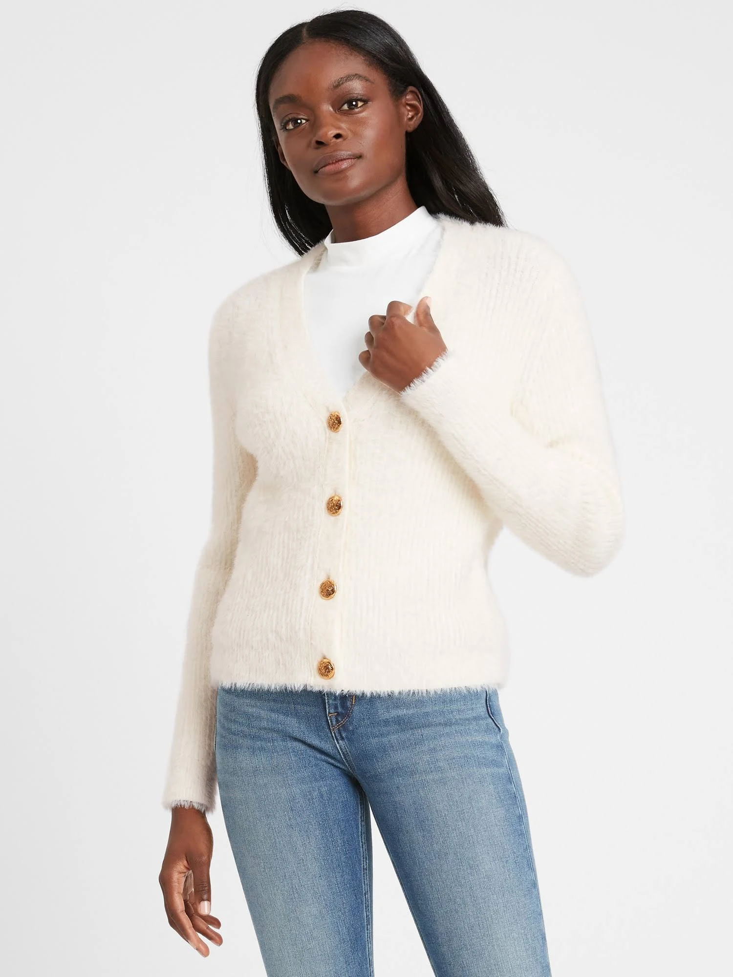Banana Republic Women's Fuzzy Cropped Cardigan Sweater White Size L