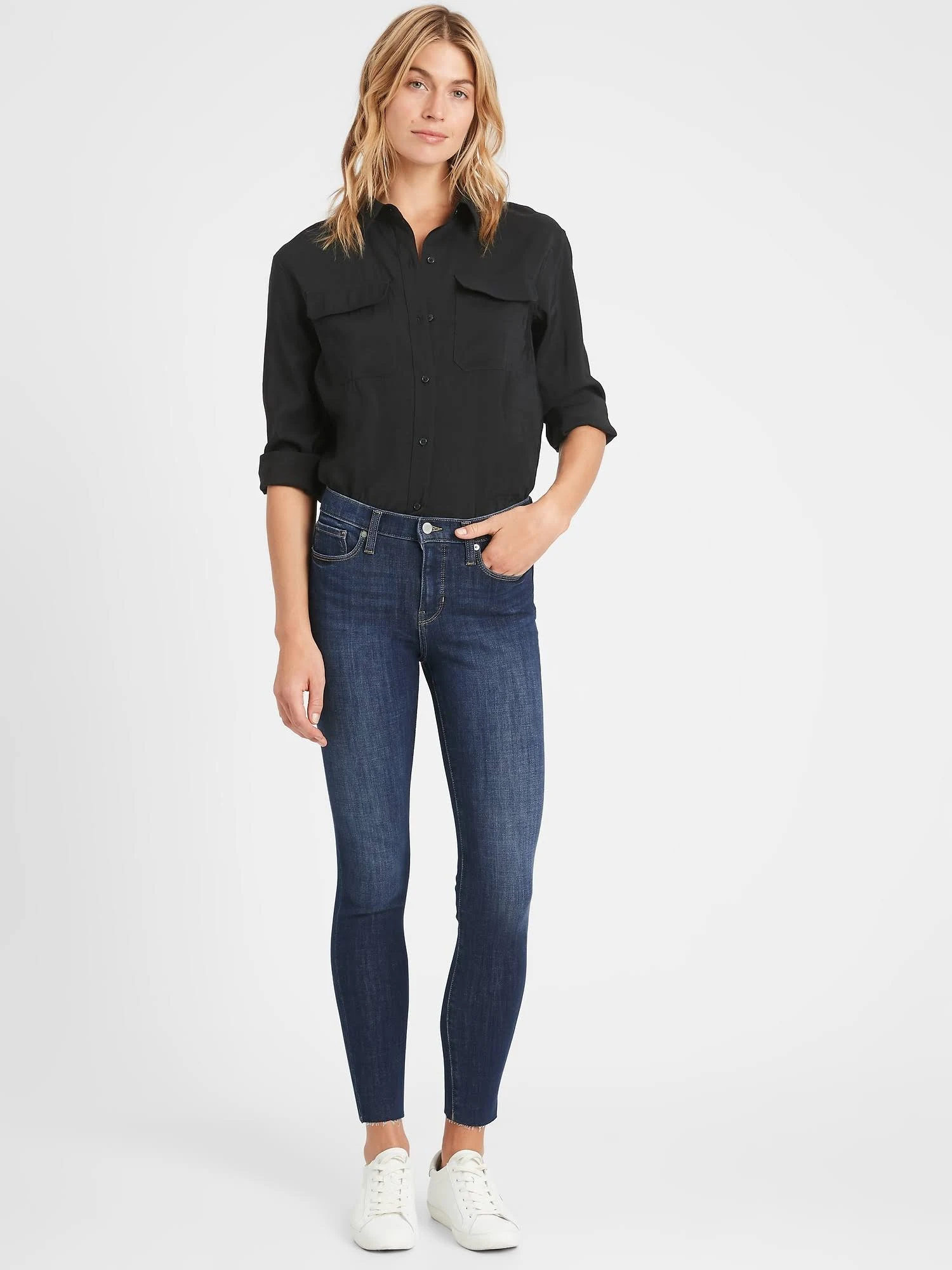 Banana Republic Women's Mid-Rise Skinny Ankle Jean with Raw Hem Dark Wash Size 25 Regular