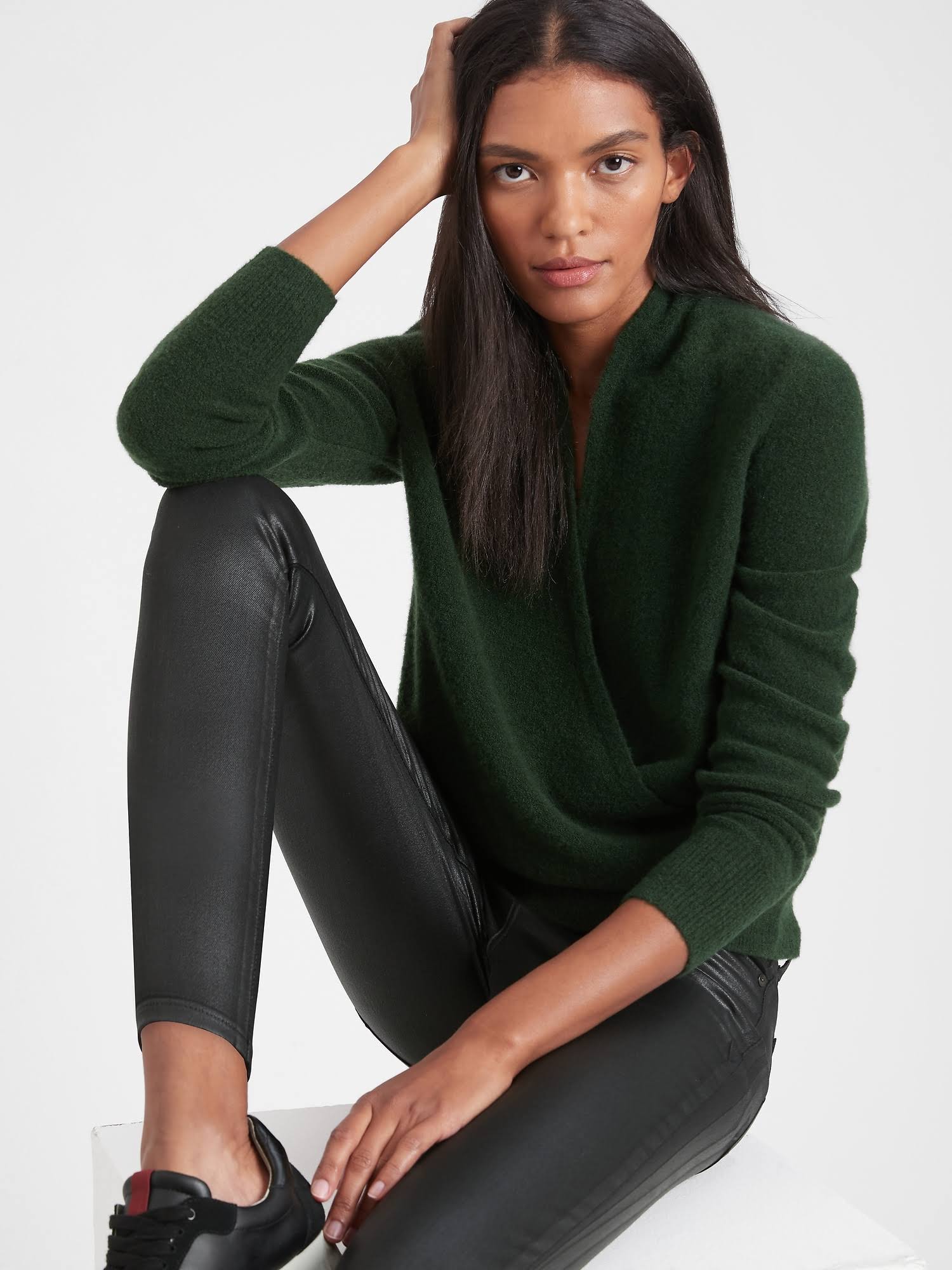 Banana Republic Women's Aire Wrap-Front Sweater Enchanted Forest Green Size Xs