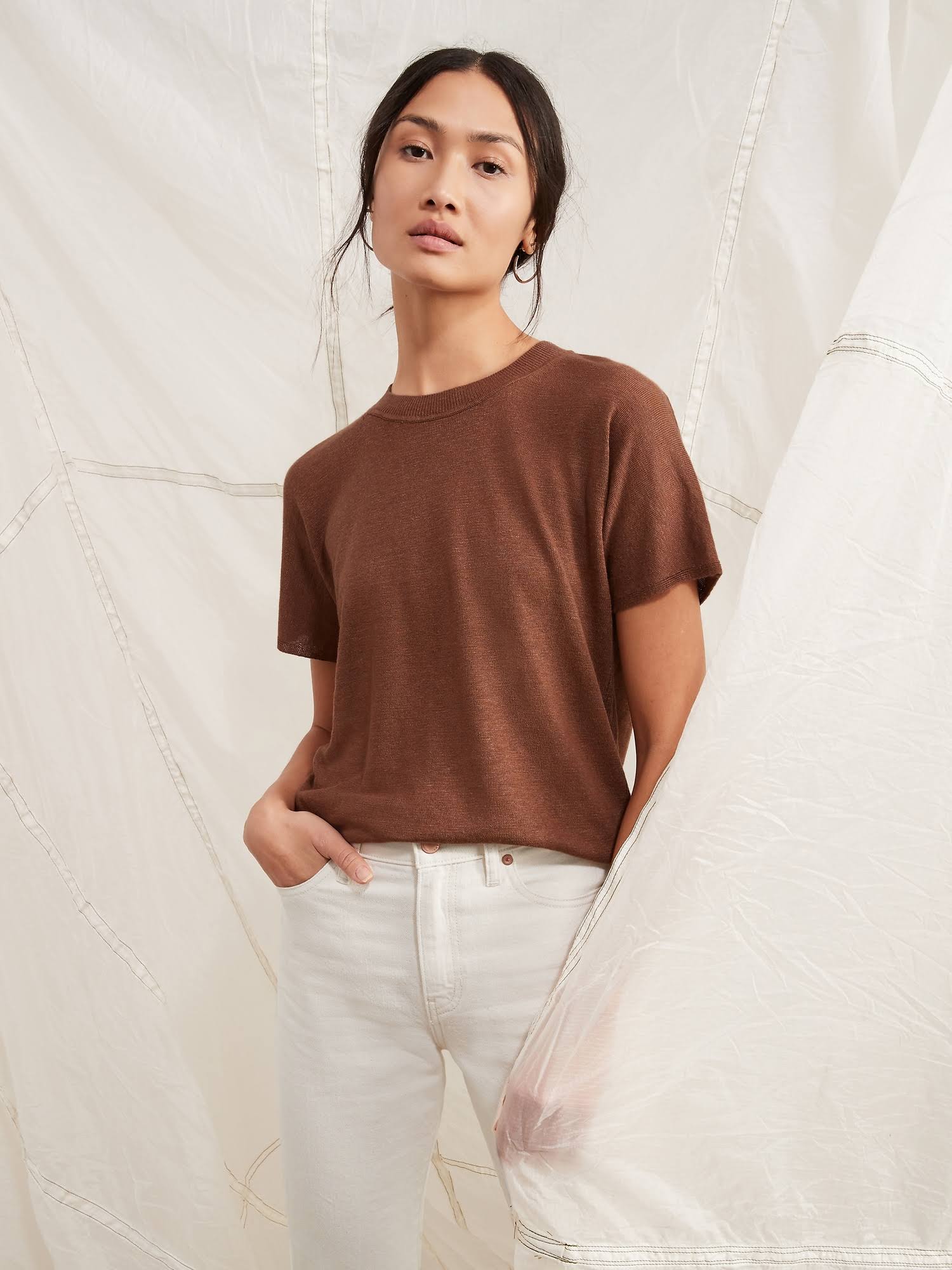 Banana Republic Women's Linen-Blend Short-Sleeve Sweater Brownie Batter Size S