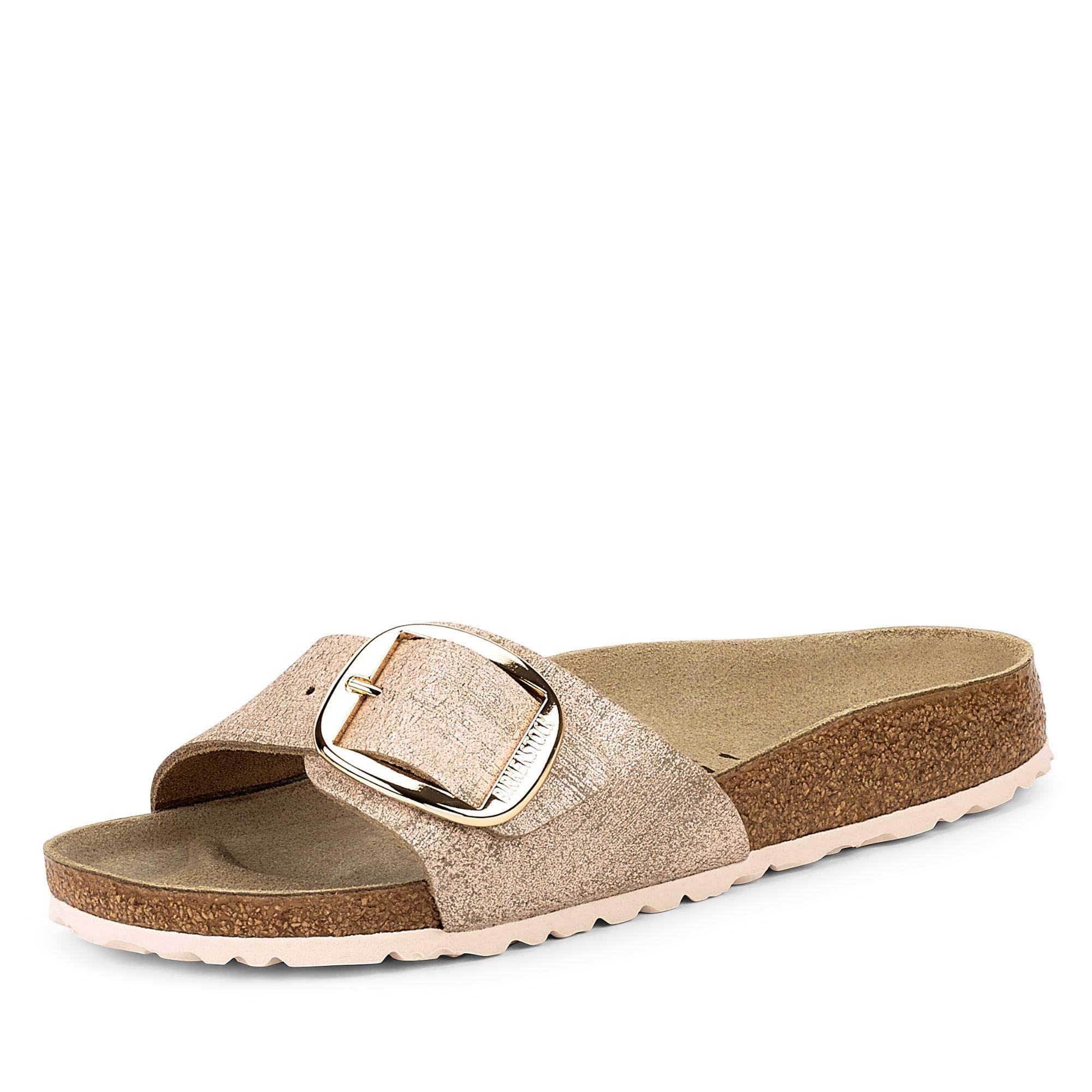 Birkenstock Madrid Big Buckle Washed Metallic Rose Gold Leather Mules