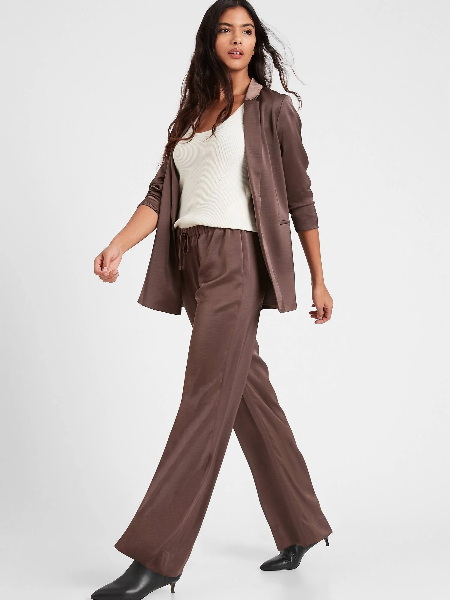 Banana Republic Women's Wide-Leg Satin Pull-On Pant Dark Taupe Size M