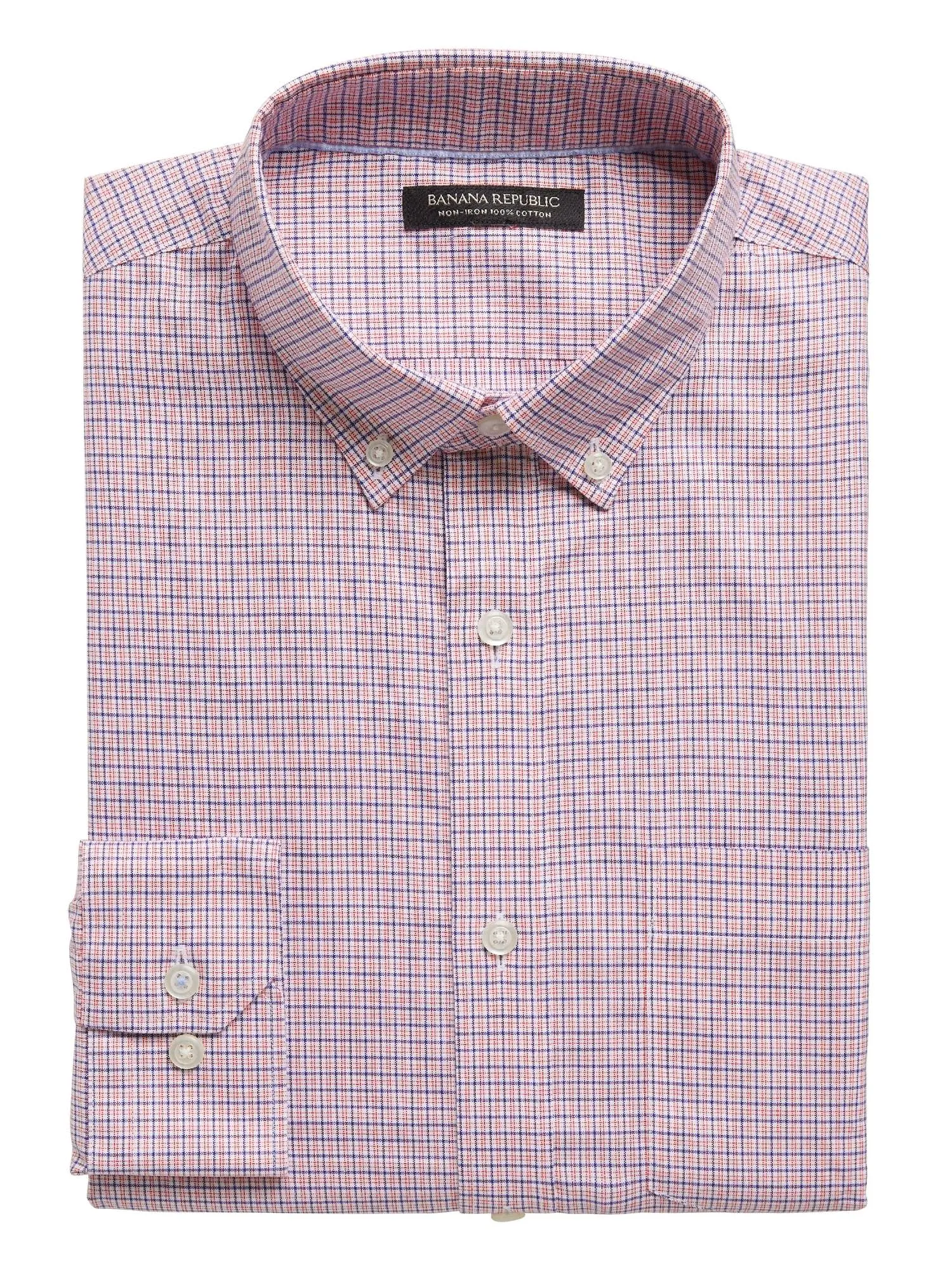 Banana Republic Men's Slim-Fit Non-Iron Dress Shirt with Button-Down Collar Red Plaid Size Xs