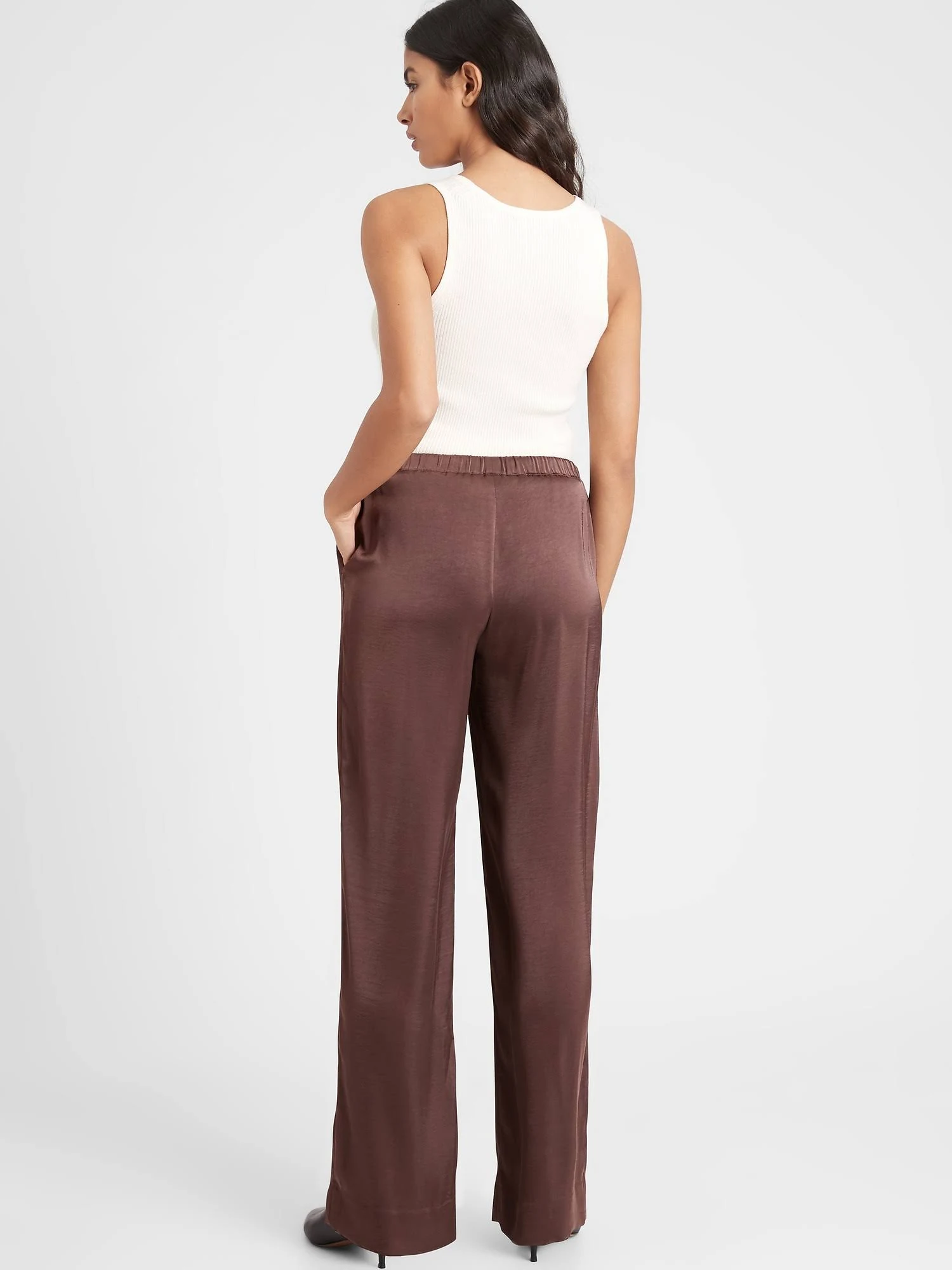 Banana Republic Women's Wide-Leg Satin Pull-On Pant Dark Taupe Size M