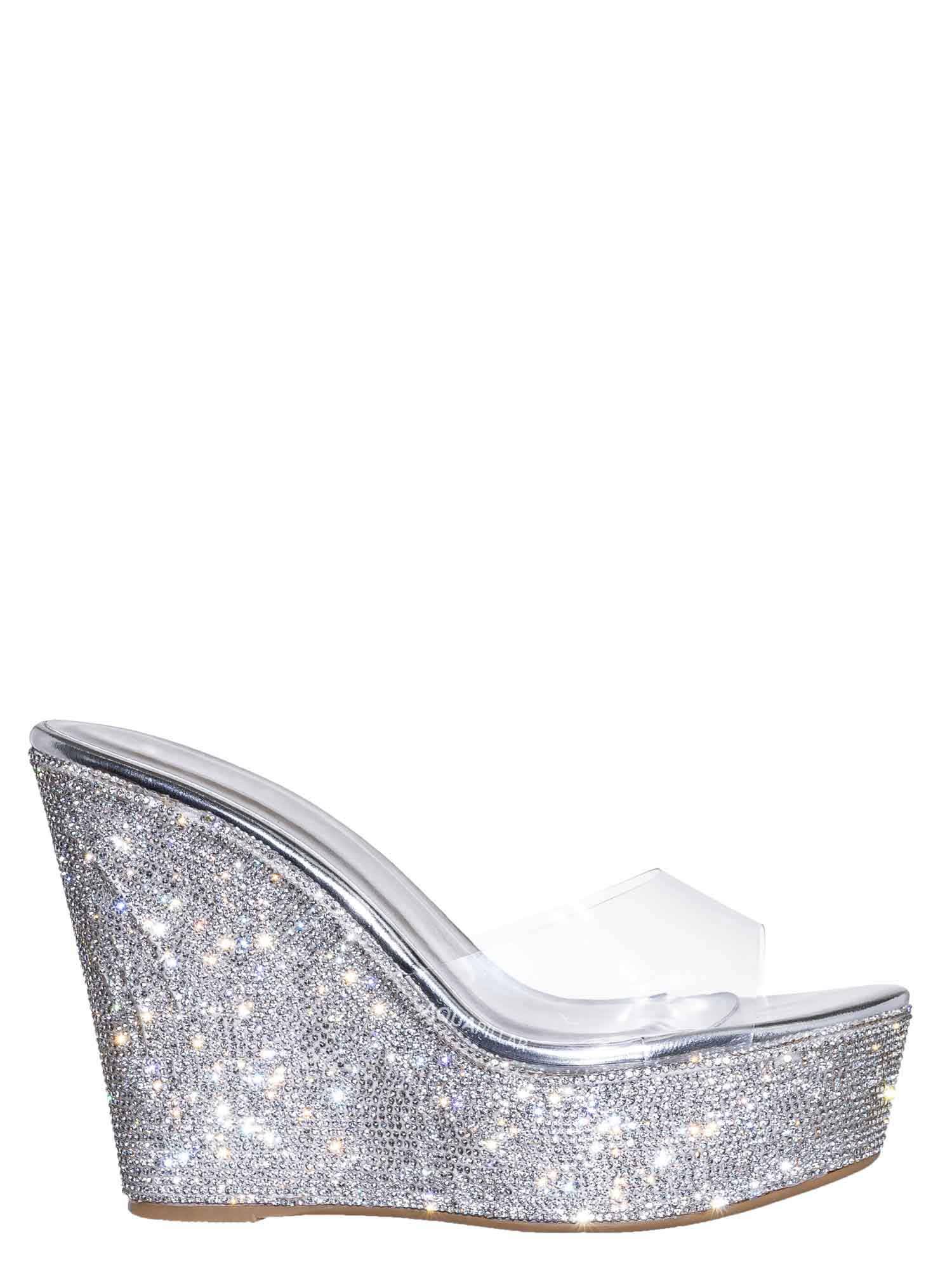 Bamboo Lucite Rhinestone Platform Wedge - Clear Transparent Slipper Sandal, Clear Silver