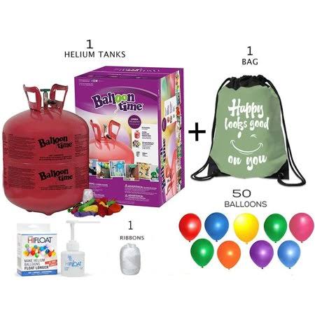 Balloon Time Disposable Helium Tank 14.9-50 Latex Party Balloons and Curling Ribbon + Hi Float - Plus Drawstring Backpack Bag