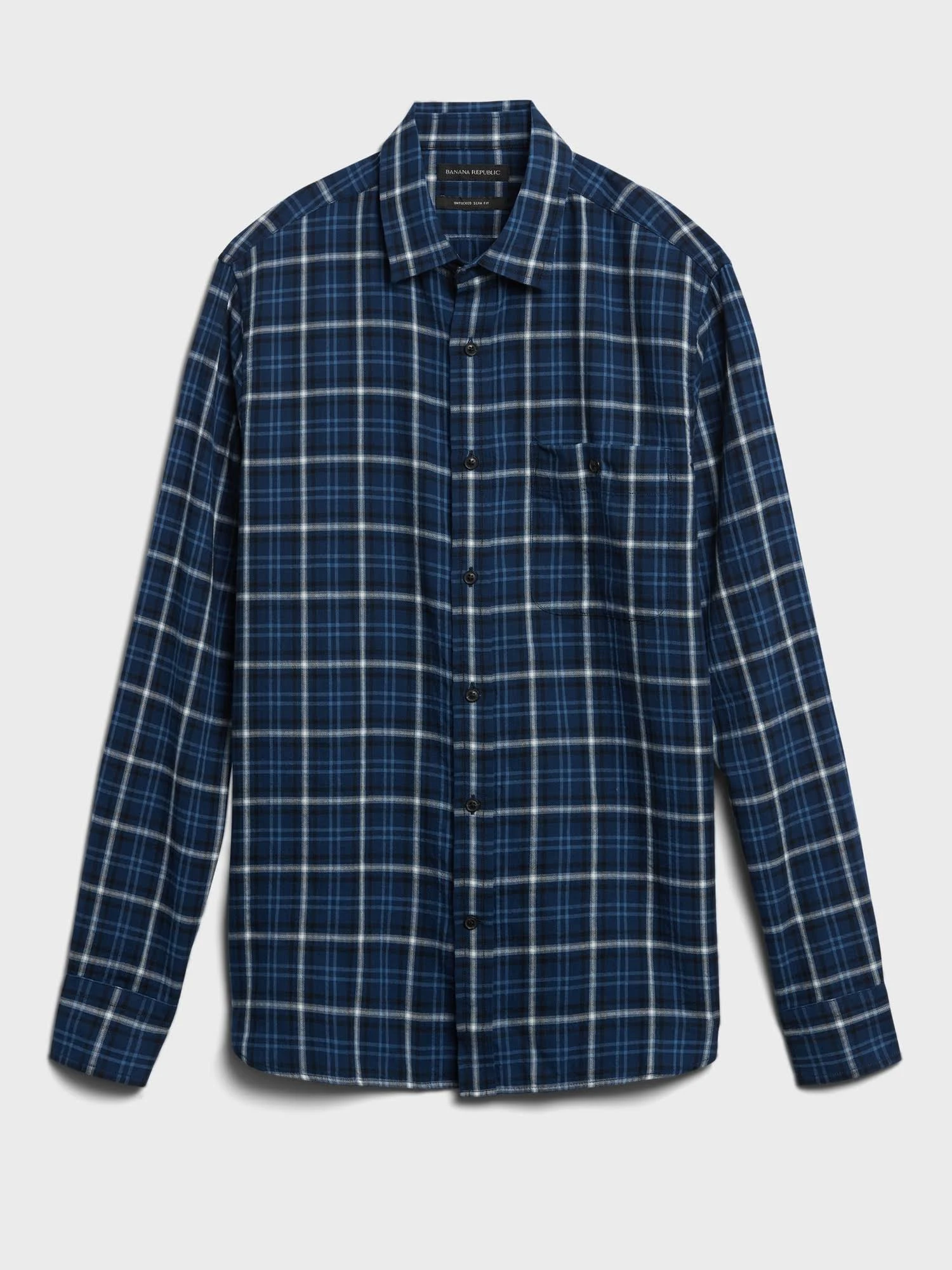 Banana Republic Men's Untucked Slim-Fit Crinkle Flannel Shirt Navy Plaid Size M