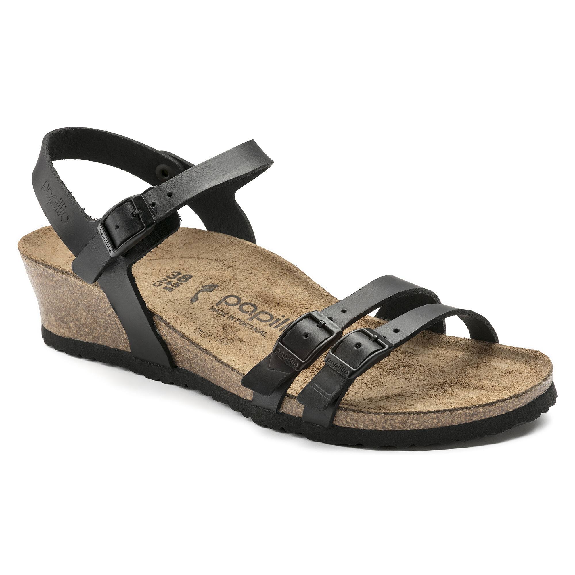Birkenstock Papillio Lana Leather Black Cognac Women's Sandals Wedge