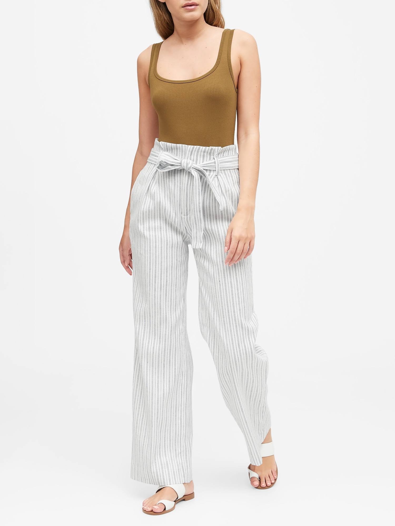 Banana Republic Women's High-Rise Wide-Leg Linen-Cotton Pant Navy & White Stripe Size 0 Short