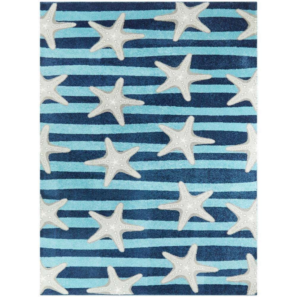 BALTA Sereia Starfish Print Striped Teal/Navy 5 ft. x 7 ft. Area Rug