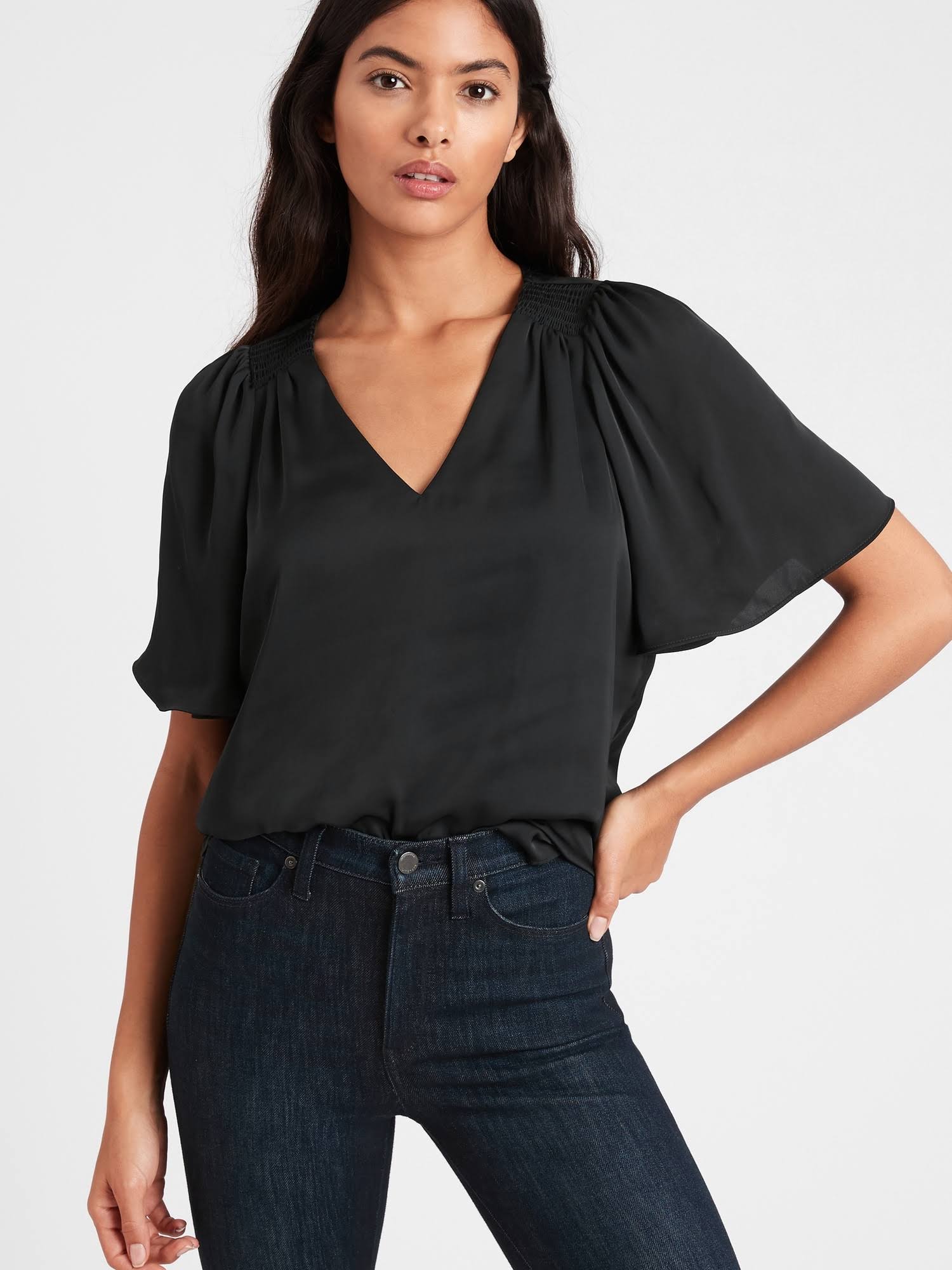 Banana Republic Women's Satin Flutter-Sleeve Top Black Size Xs