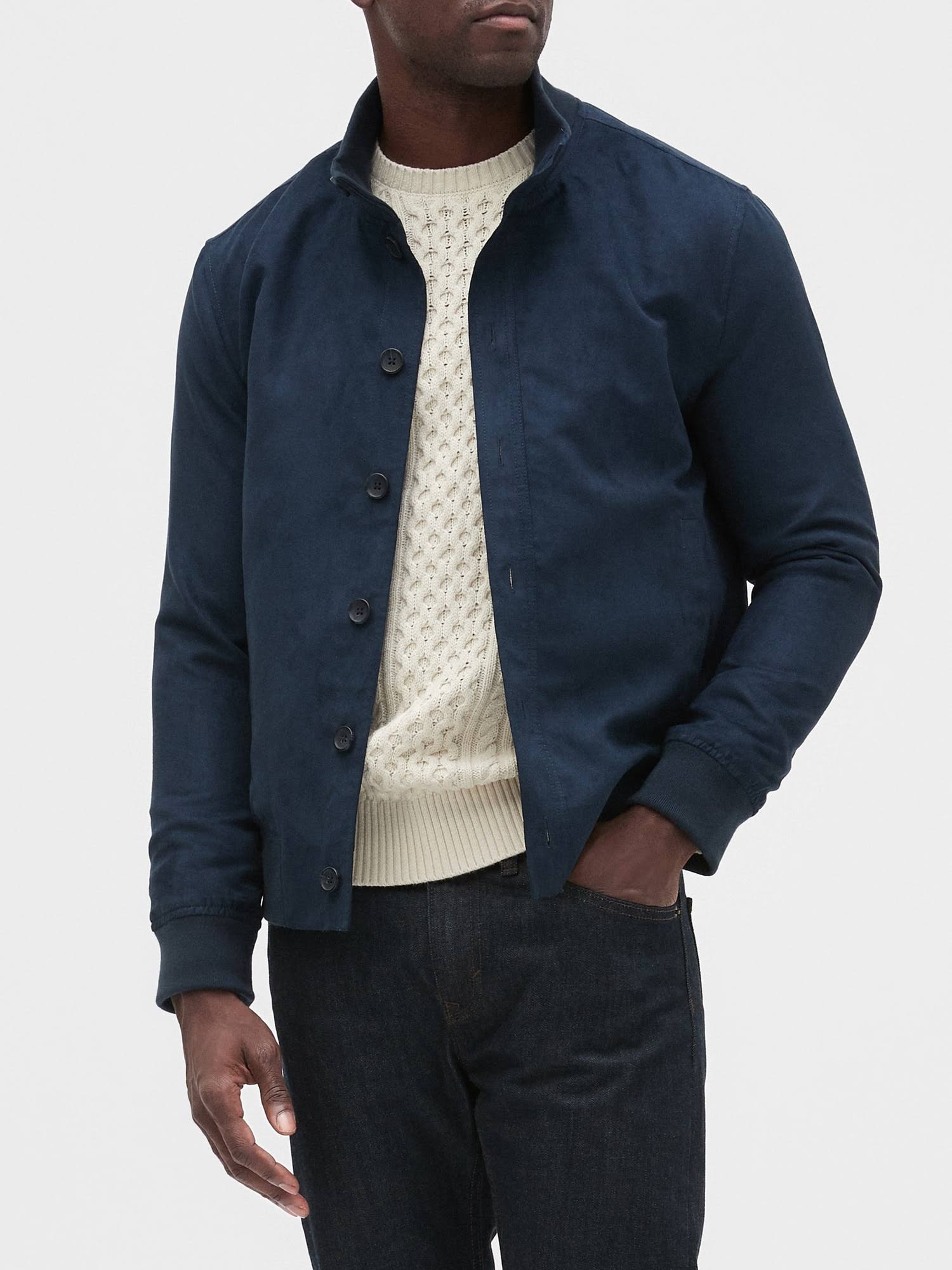 Banana Republic Factory Men's Vegan Suede Button Front Jacket Preppy Navy Regular Size L