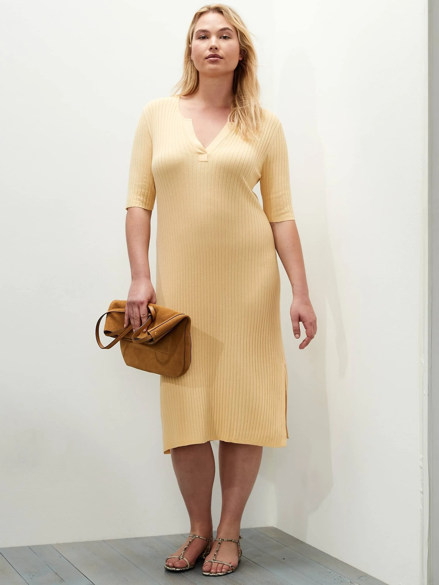Banana Republic Women's Ribbed Sweater Dress Butter Cookie Tall Size XL