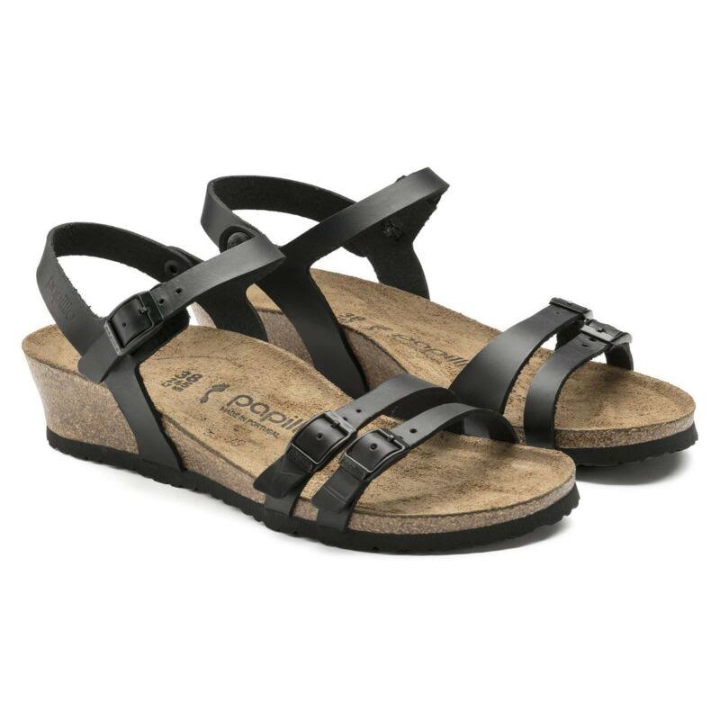 Birkenstock Papillio Lana Leather Black Cognac Women's Sandals Wedge
