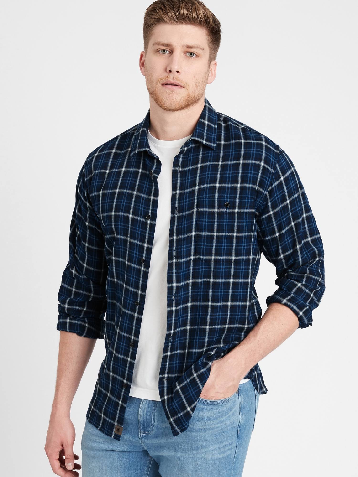 Banana Republic Men's Untucked Slim-Fit Crinkle Flannel Shirt Navy Plaid Size Xs