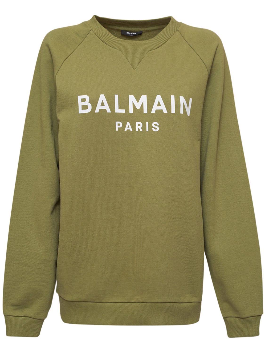 Balmain | Women Logo Printed Cotton Sweatshirt Green/White S