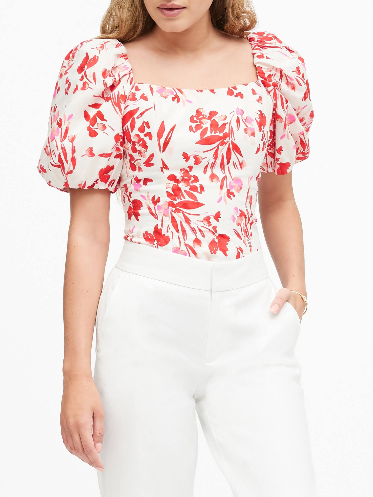 Banana Republic Women's Puff-Sleeve Cropped Top Red Floral Size L