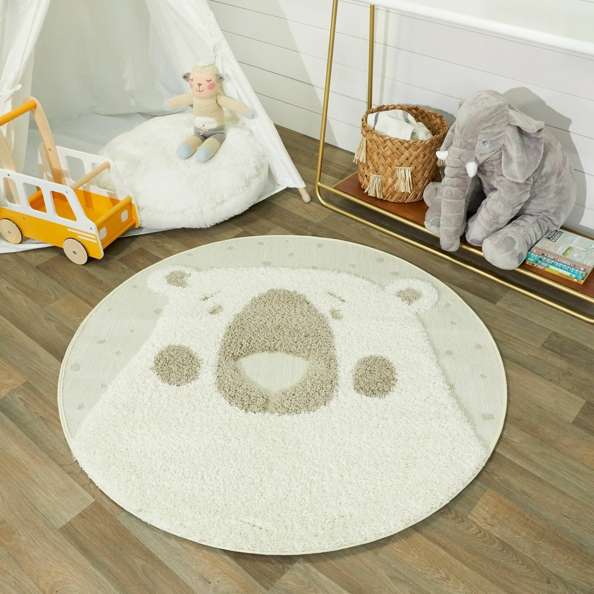 Mod-Tod Polar Bear Round Shag Kids Rug Animal Theme - 3&11x22 Round - Off-White