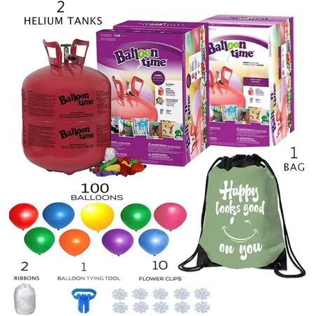 Balloon Time Disposable Helium Tank 14.9 CU.FT (2) Count - 100 Latex Balloons + Balloon Tying Tool + 2 Curling Ribbon + 10 Clips