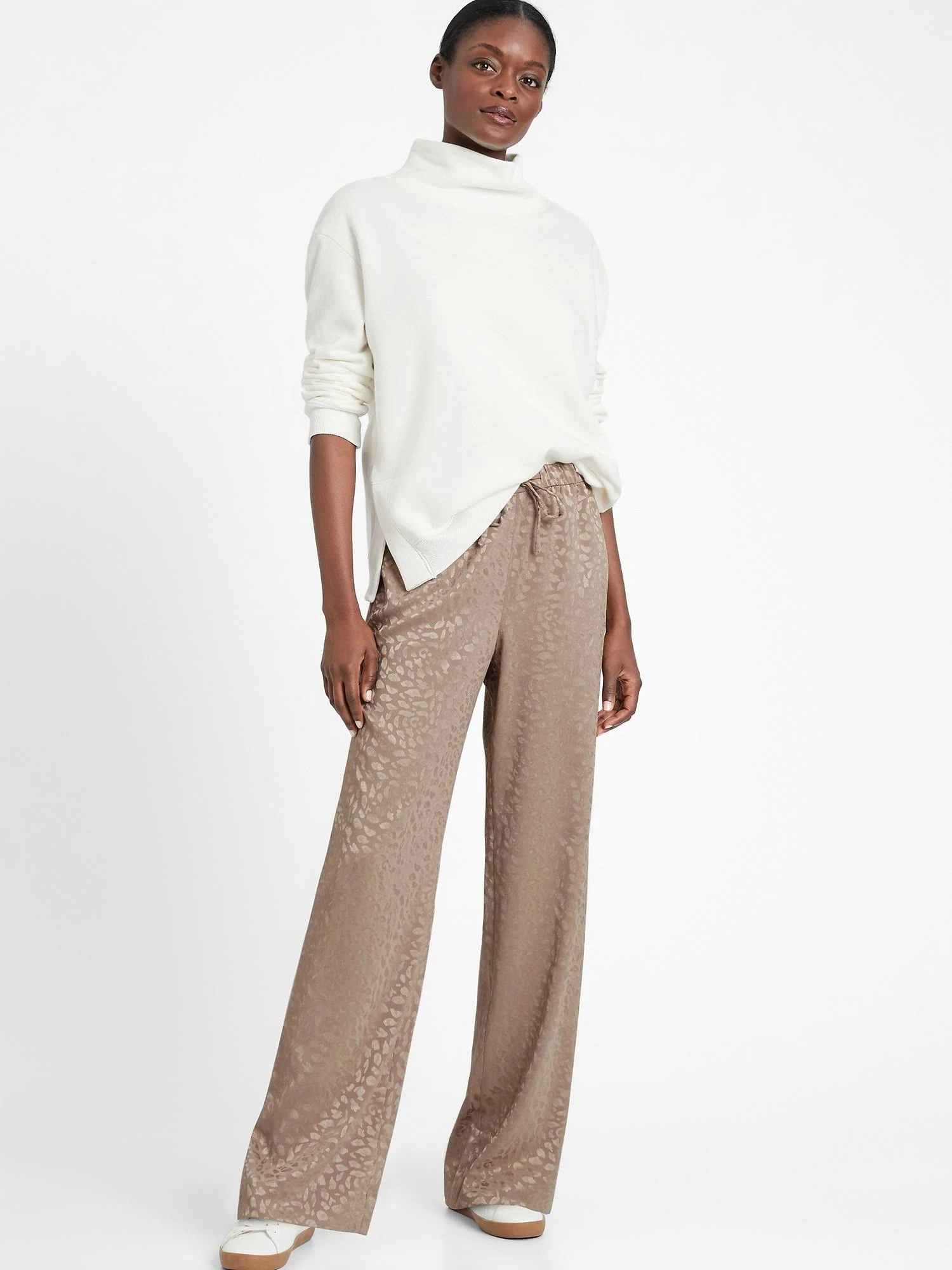 Banana Republic Women's Wide-Leg Satin Pull-On Pant Leopard Print Fresh Taupe Size L