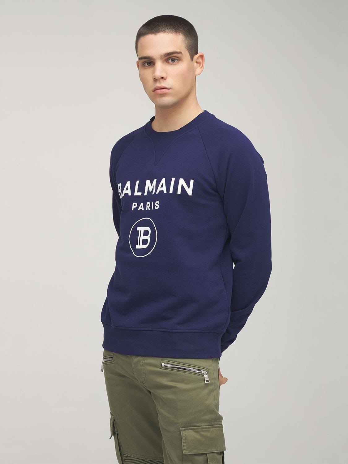 Balmain | Men Logo Print Cotton Jersey Sweatshirt Navy XXXL
