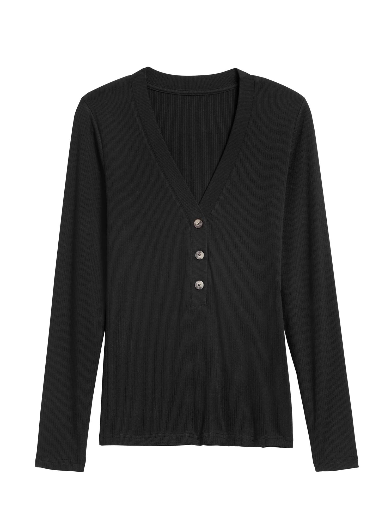 Banana Republic Women's Ribbed Henley T-Shirt Black Size XS