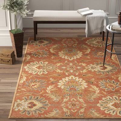 Aaron Floral Hand Knotted Wool Terracotta Area Rug Birch Lane Rug Size: Oval 6& x 9&