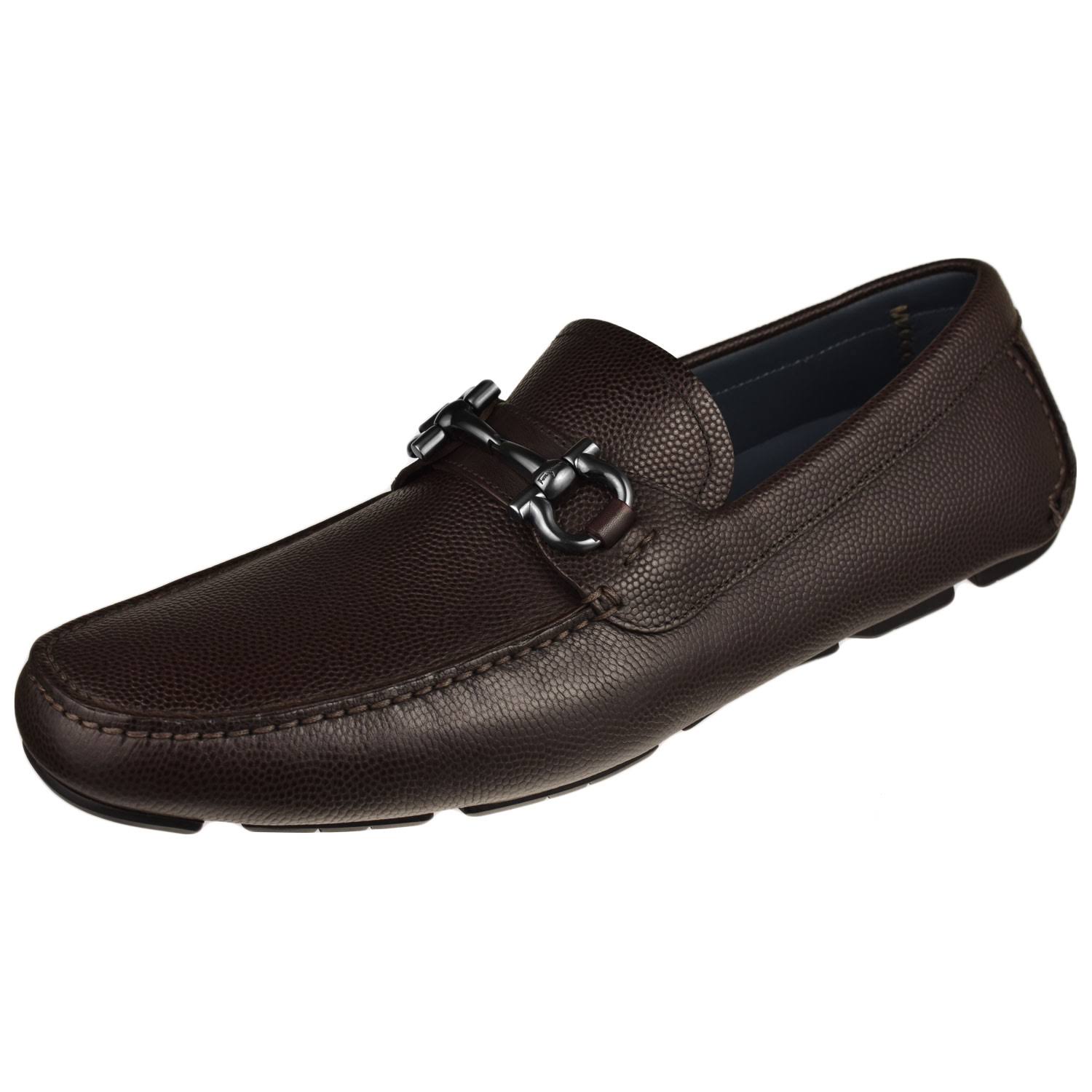 Salvatore Ferragamo Men's Parigi Double Gancini Bit Pebbled Leather Loafers - 13 / Chocolate Brown