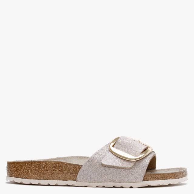 Birkenstock Madrid Big Buckle Washed Metallic Rose Gold Leather Mules