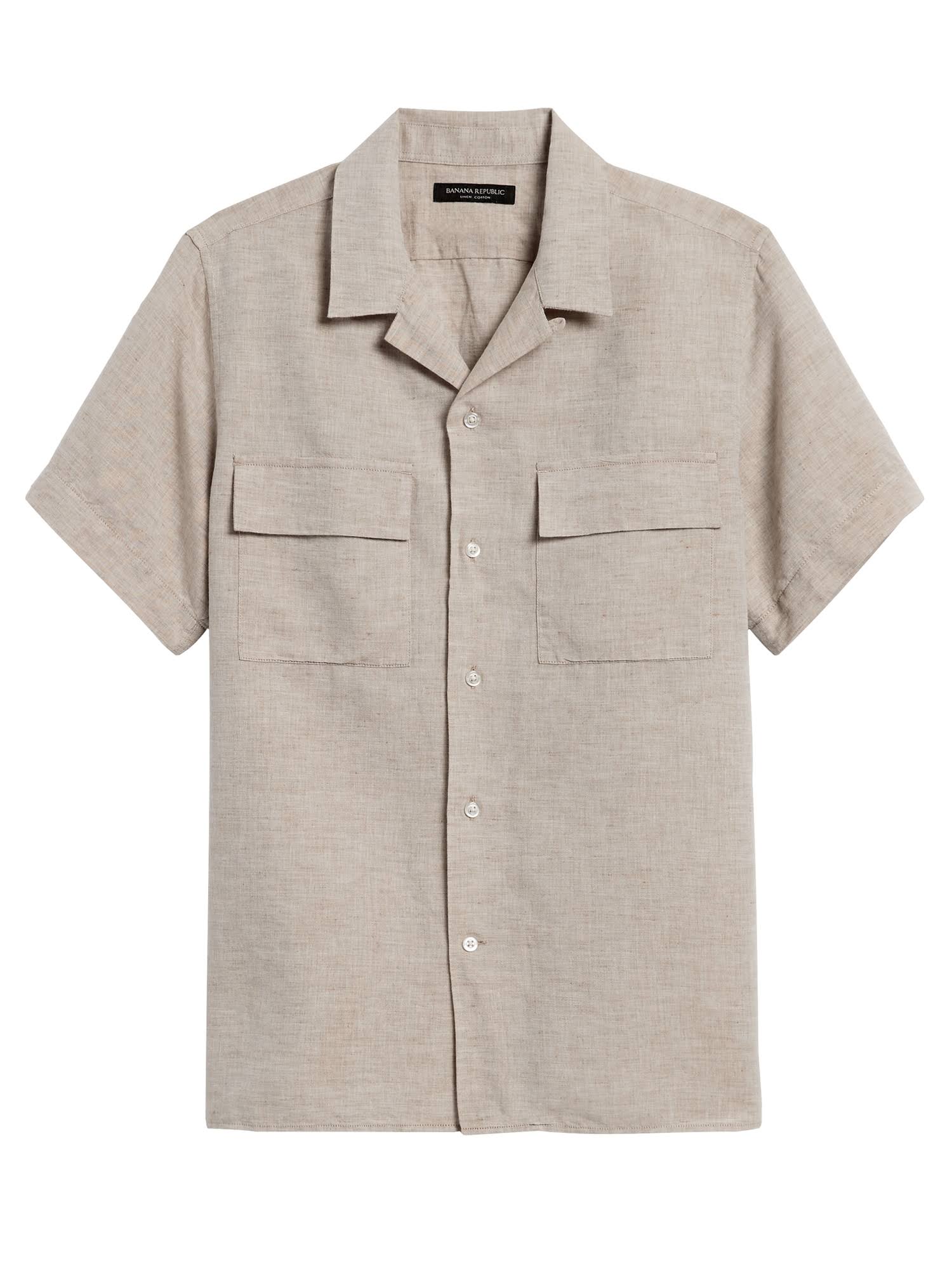 Banana Republic Men's Slim-Fit Linen-Cotton Resort Shirt Sand Beige Size L
